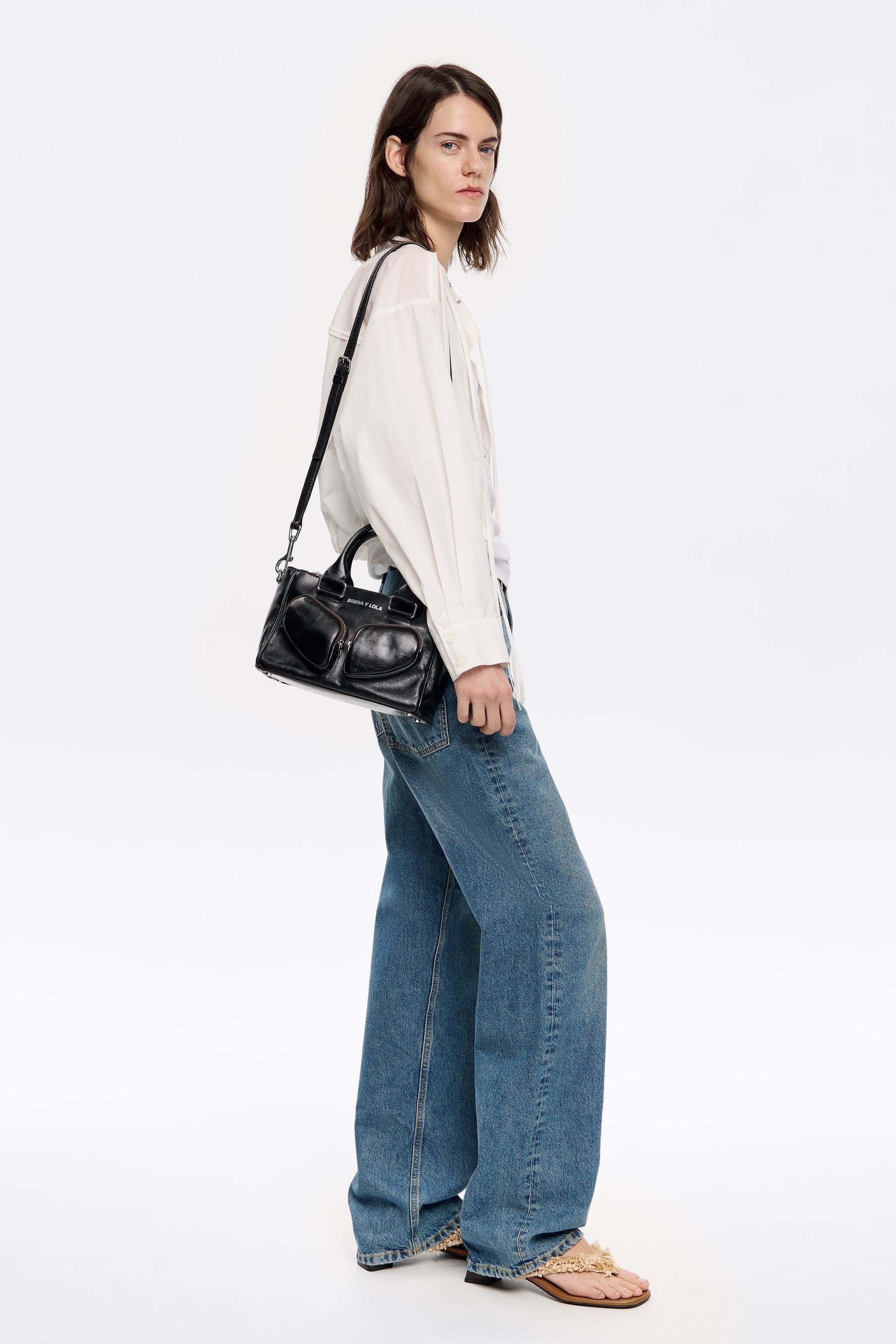 Medium black leather Pocket tote bag