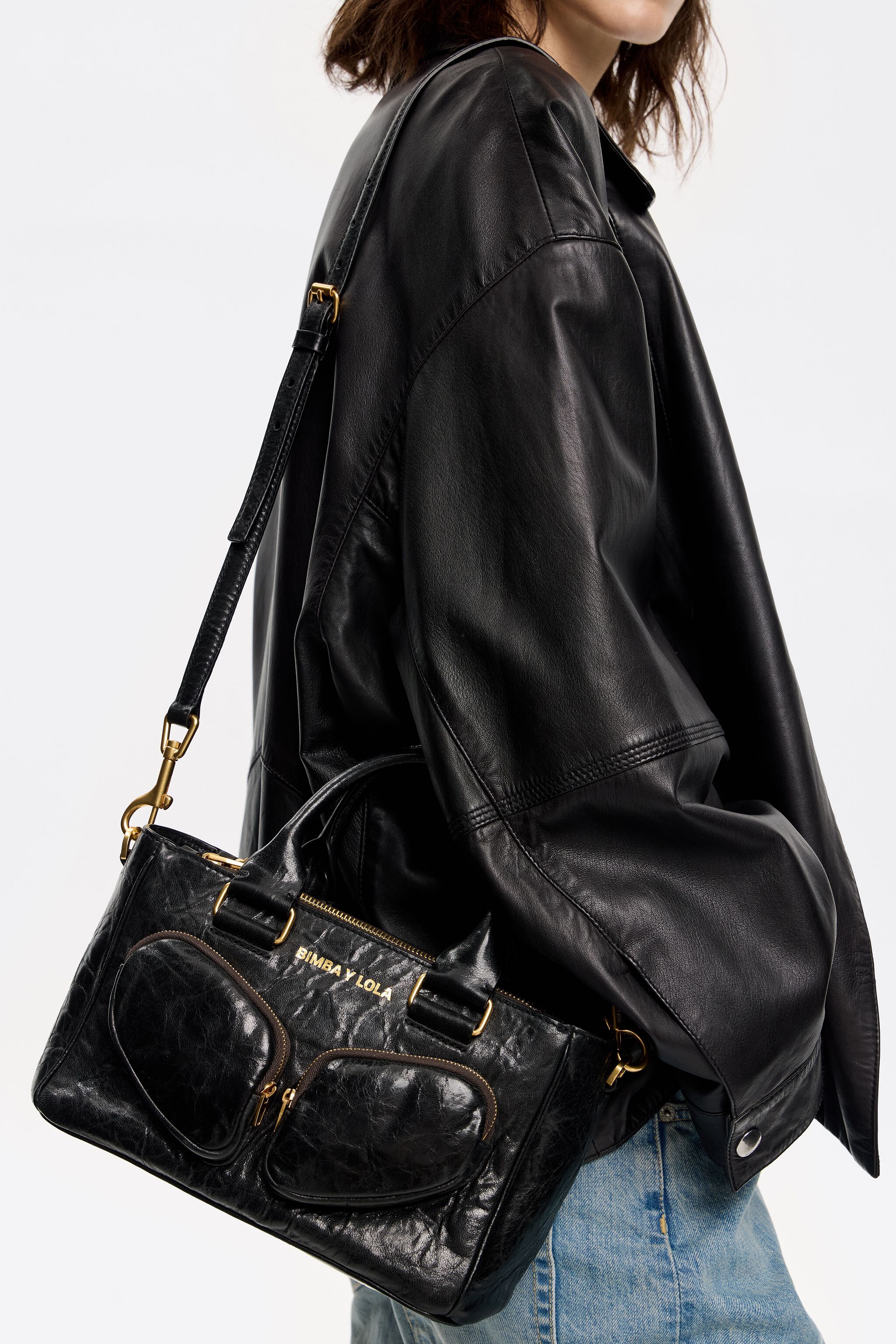Medium black leather Pocket tote bag