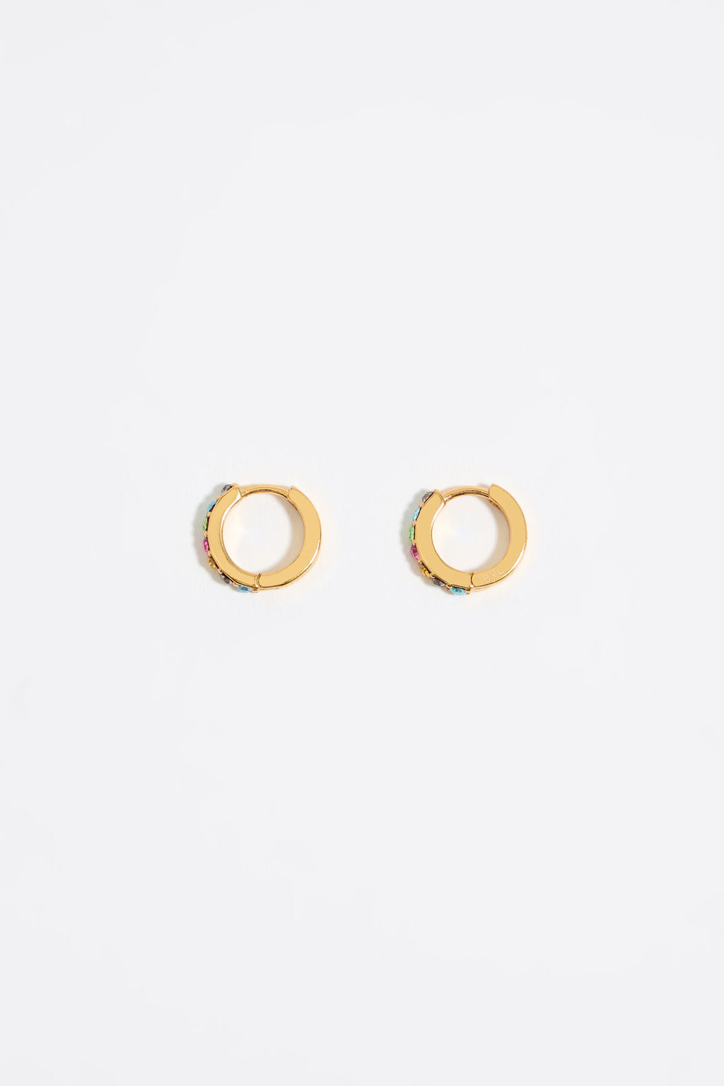 Golden mini hoop earrings with multicolored crystals