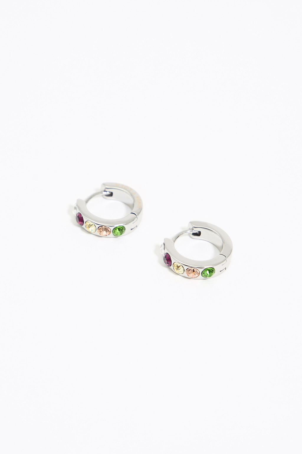 Small silver hoop earrings with multicolor crystals