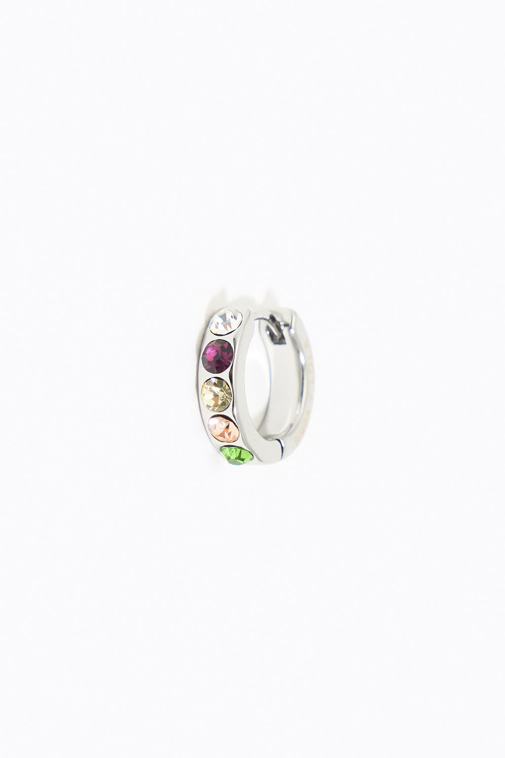 Small silver hoop earrings with multicolor crystals