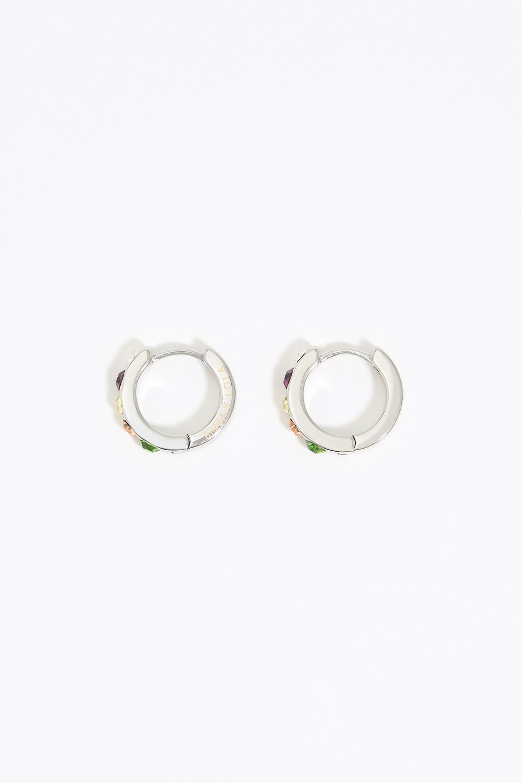 Small silver hoop earrings with multicolor crystals