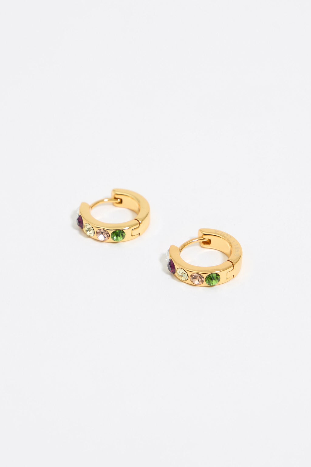 Small gold hoop earrings with multicolor crystals