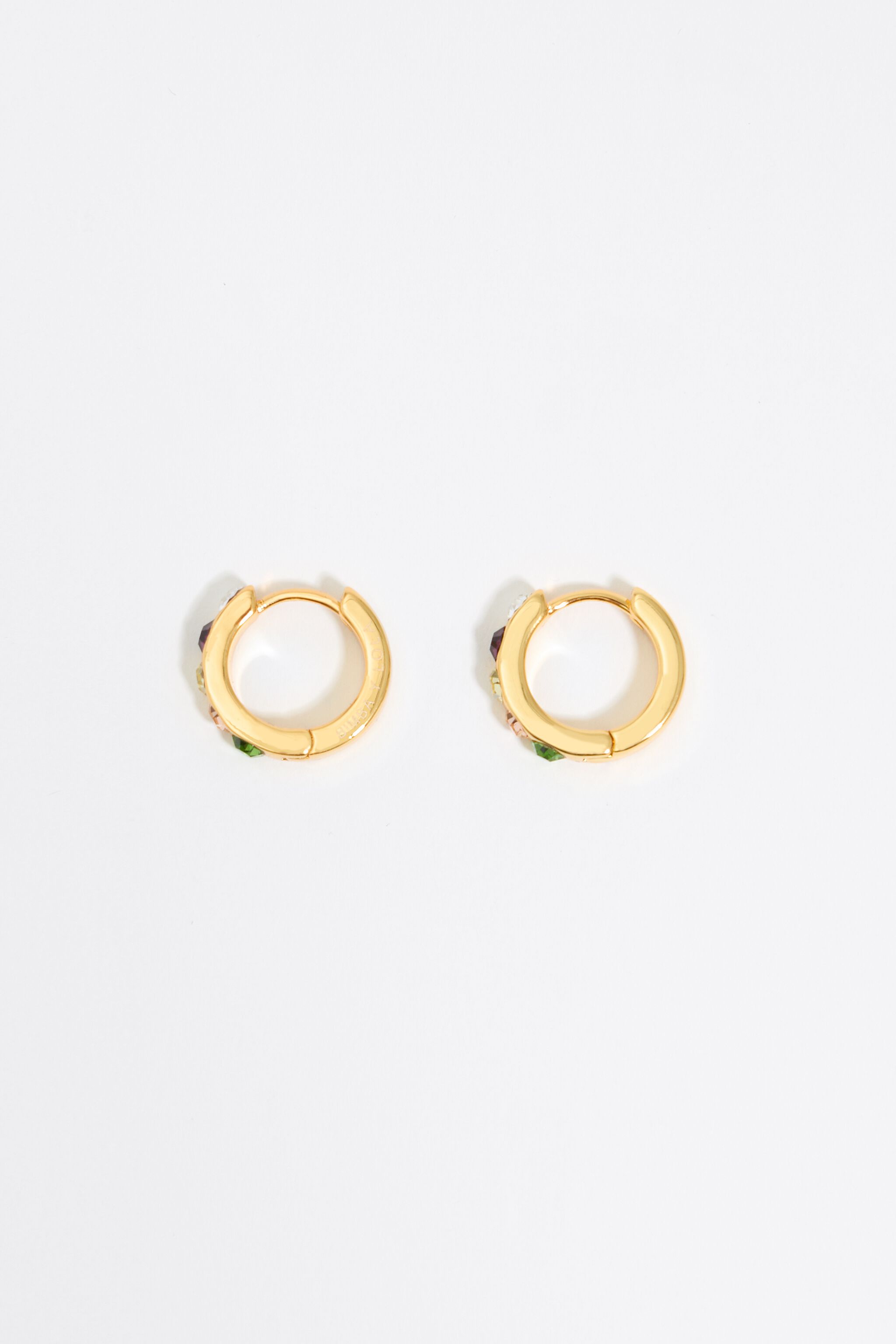 Small gold hoop earrings with multicolor crystals