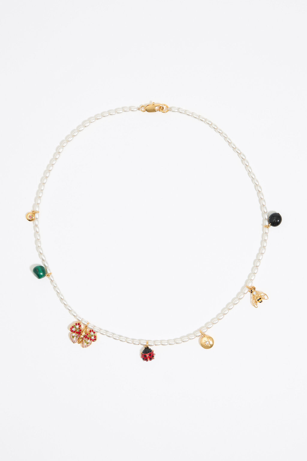 Pearl necklace with butterfly, ladybug and bee