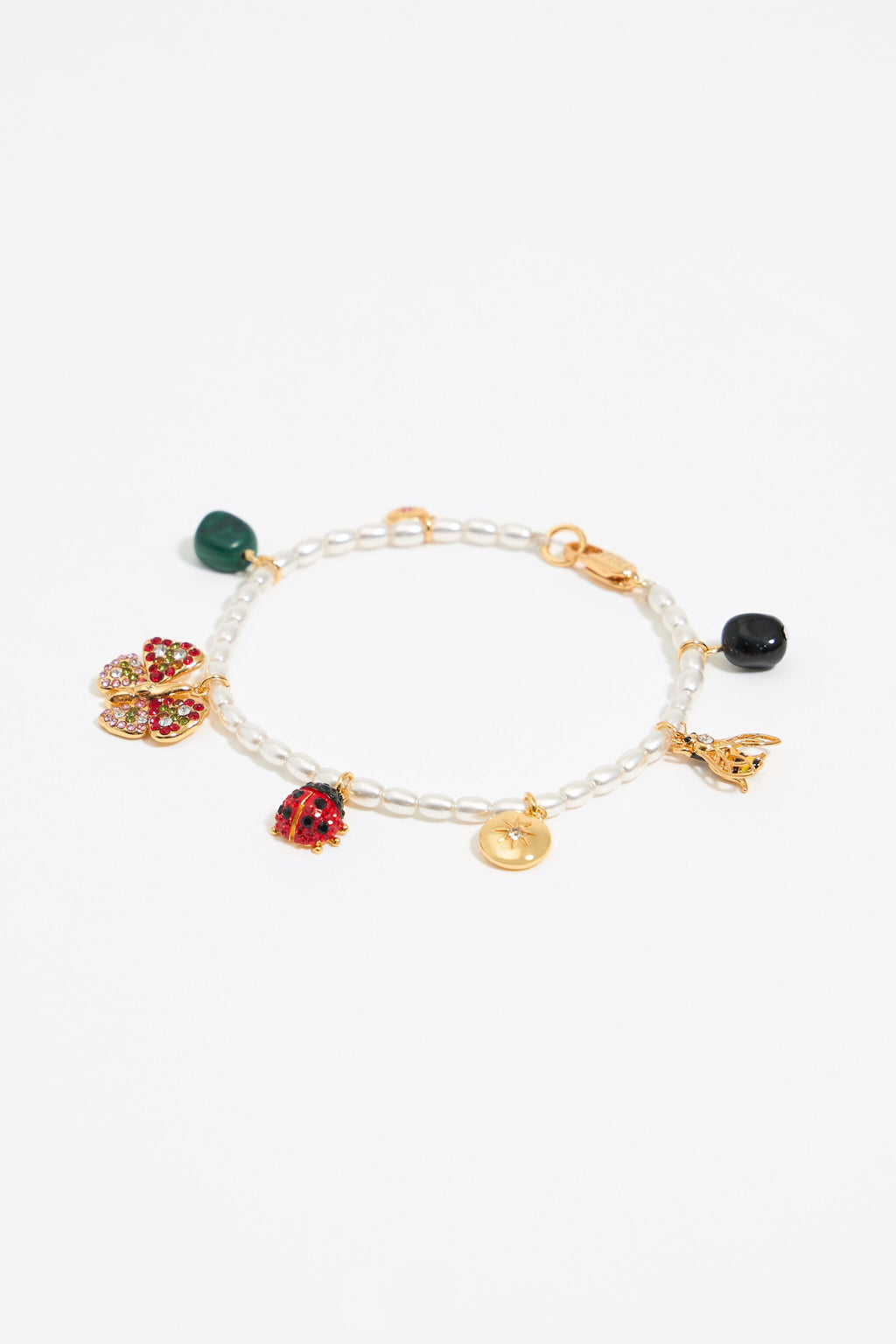 Pearl bracelet with butterfly, ladybug and bee