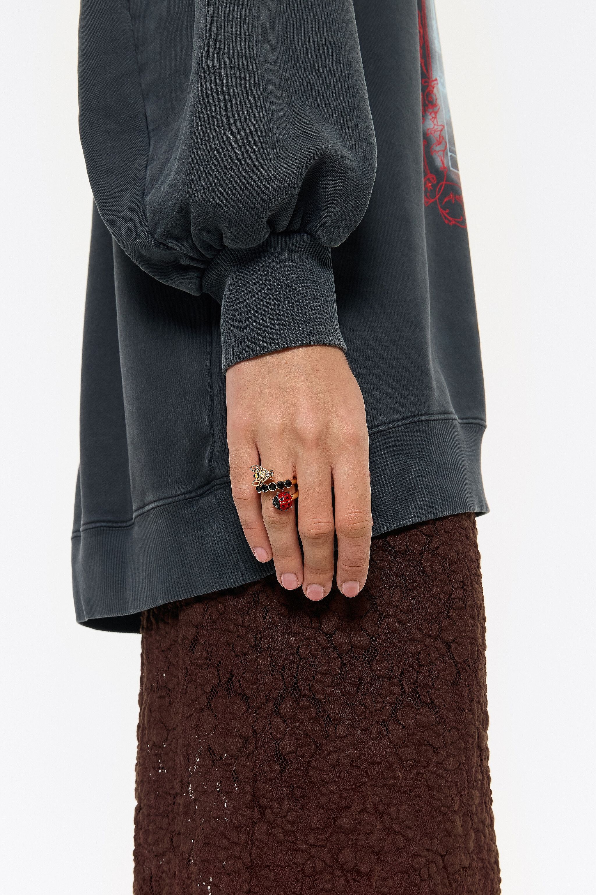 Spiral ring with crystals, ladybug and bee