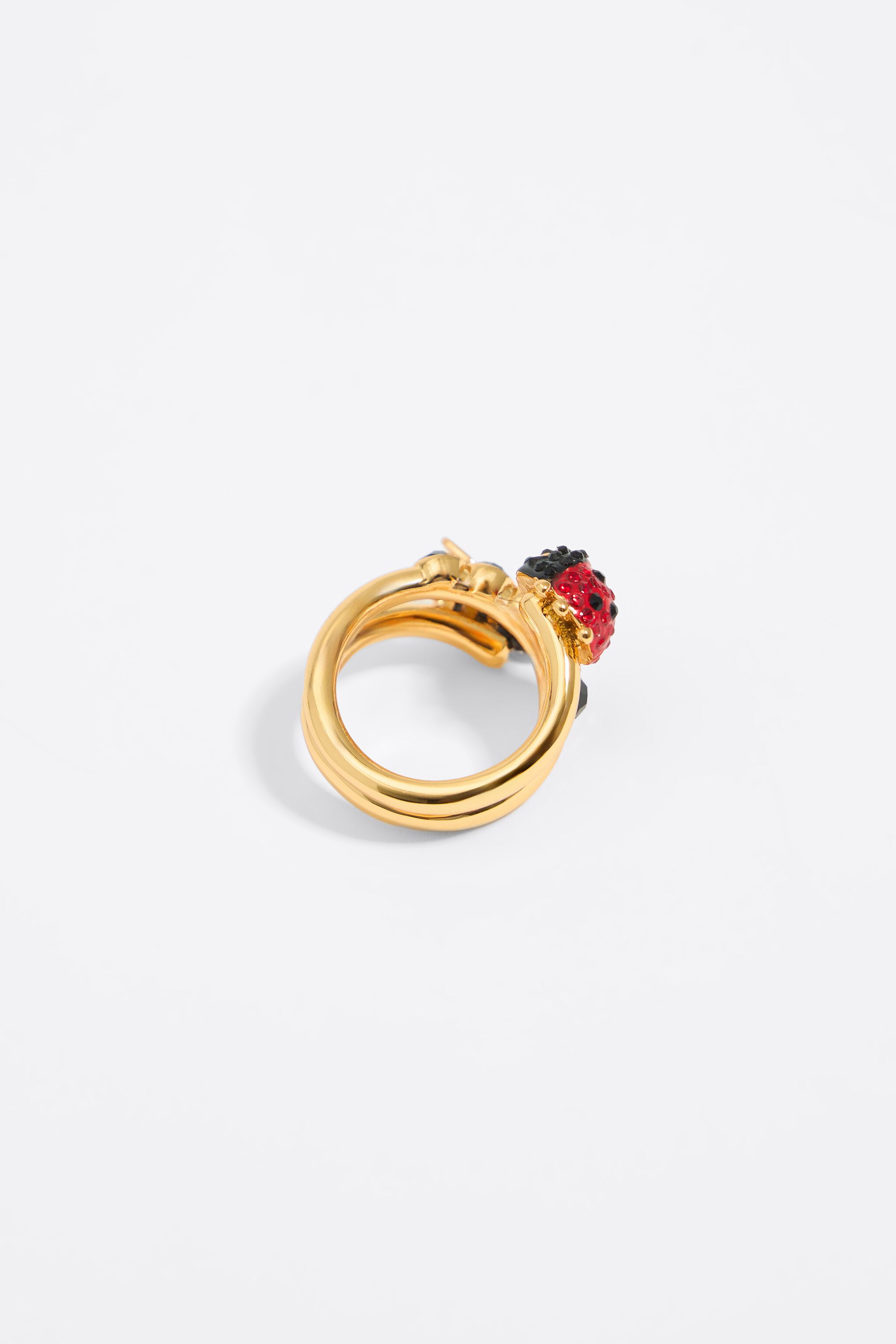 Spiral ring with crystals, ladybug and bee