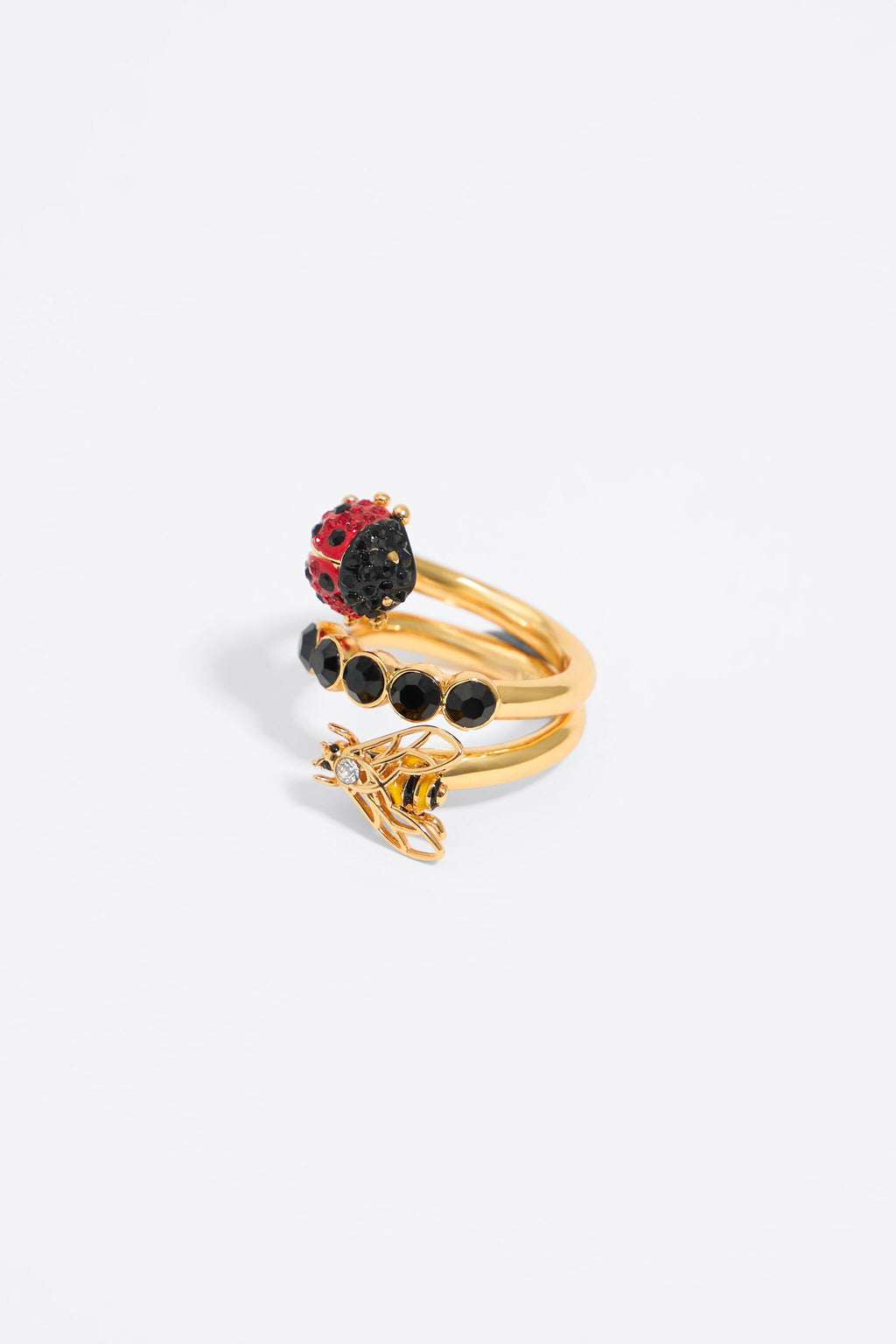 Spiral ring with crystals, ladybug and bee