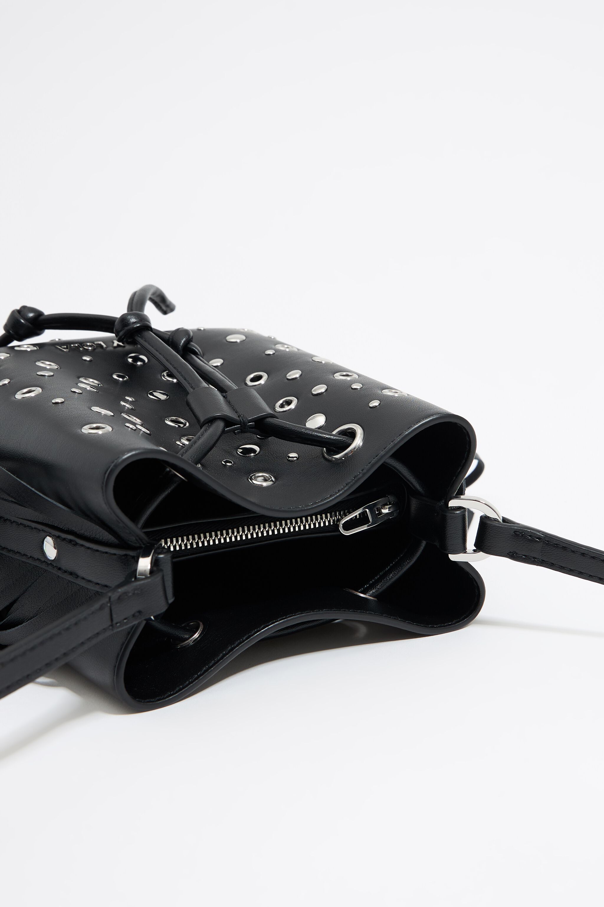 Mini black leather studded Chihuahua bucket bag