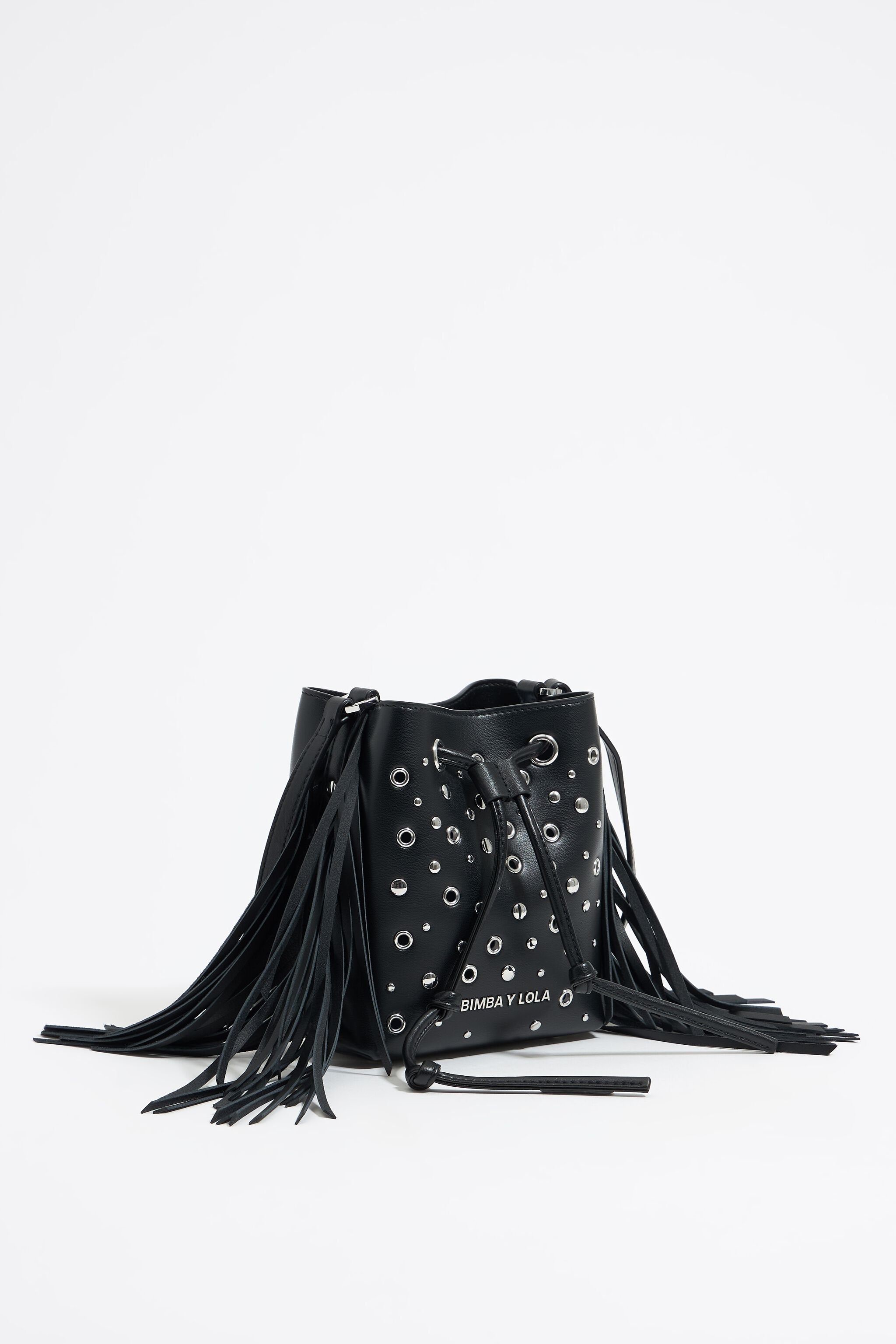 Mini black leather studded Chihuahua bucket bag