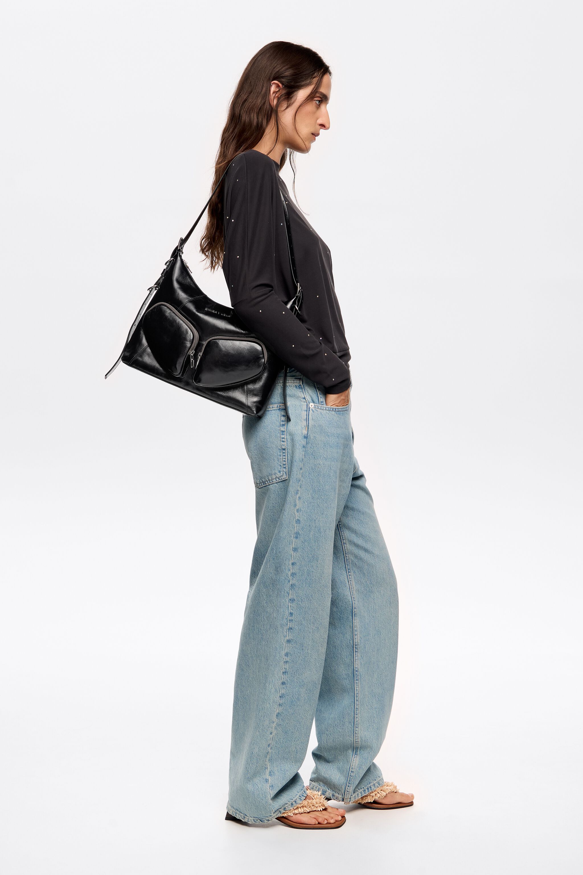 Large black leather Pocket slouch bag