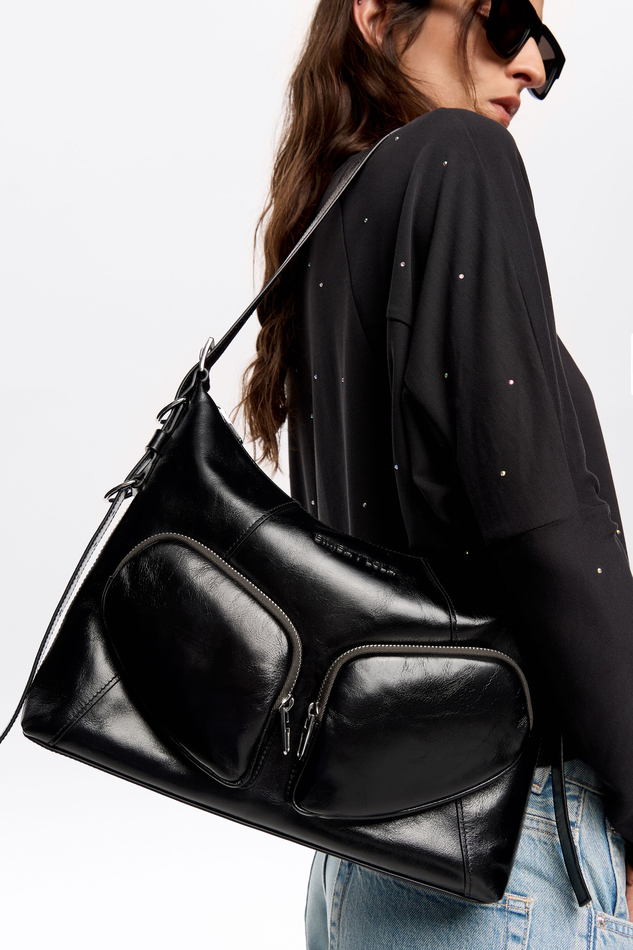 Large black leather Pocket slouch bag
