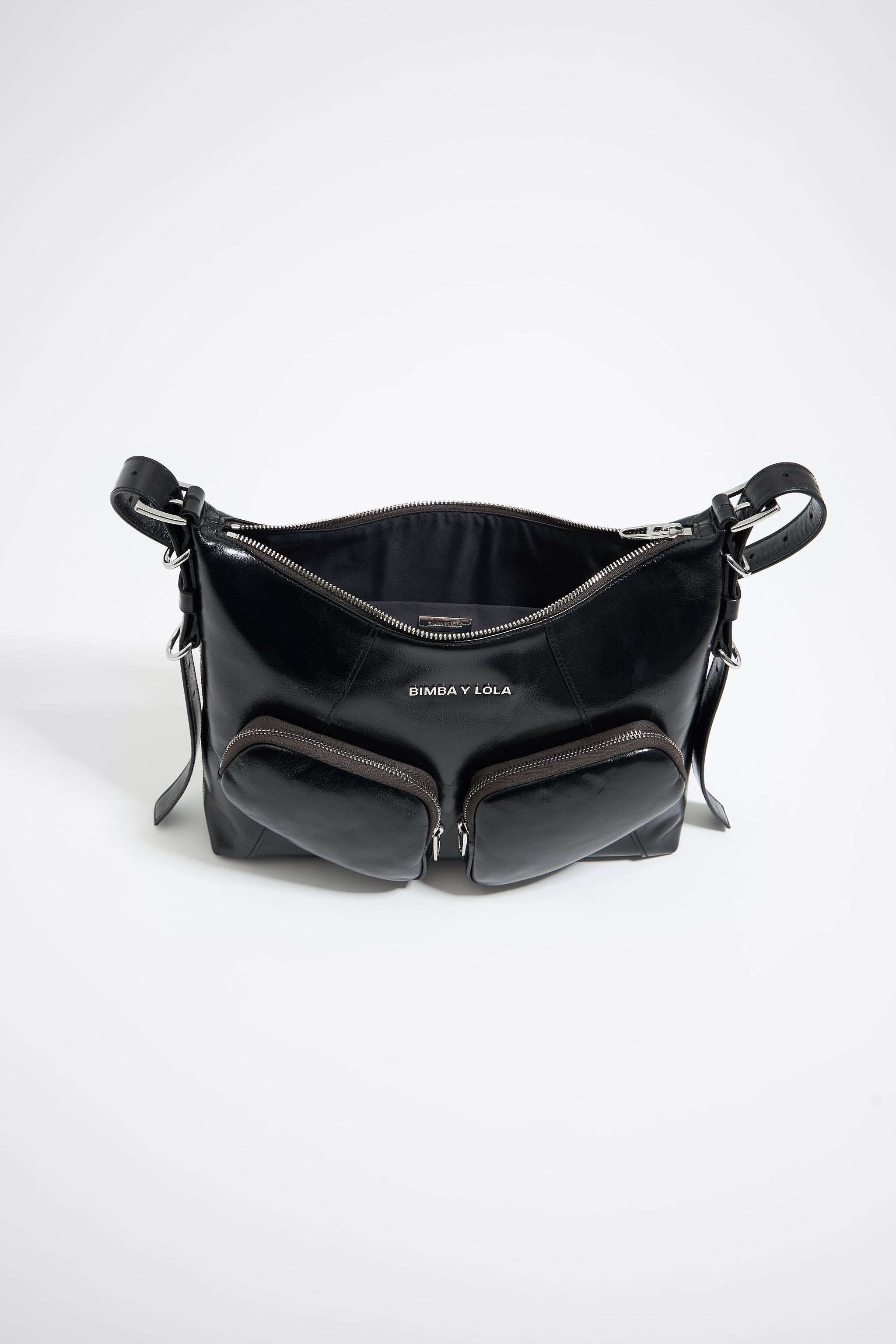 Large black leather Pocket slouch bag