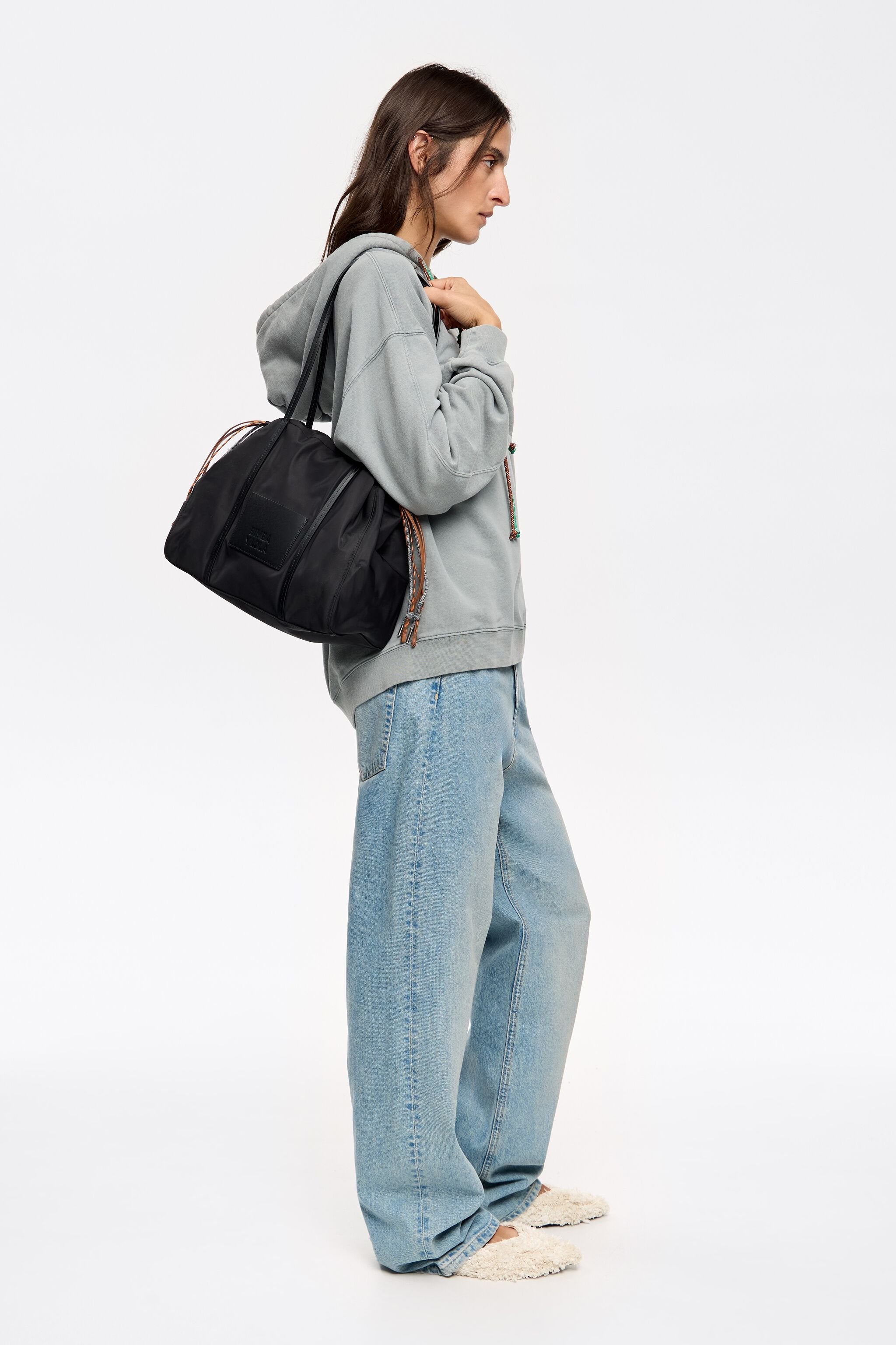 Large black nylon shopper bag