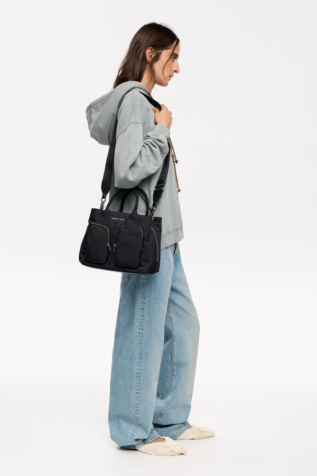 Large black nylon Pocket handbag