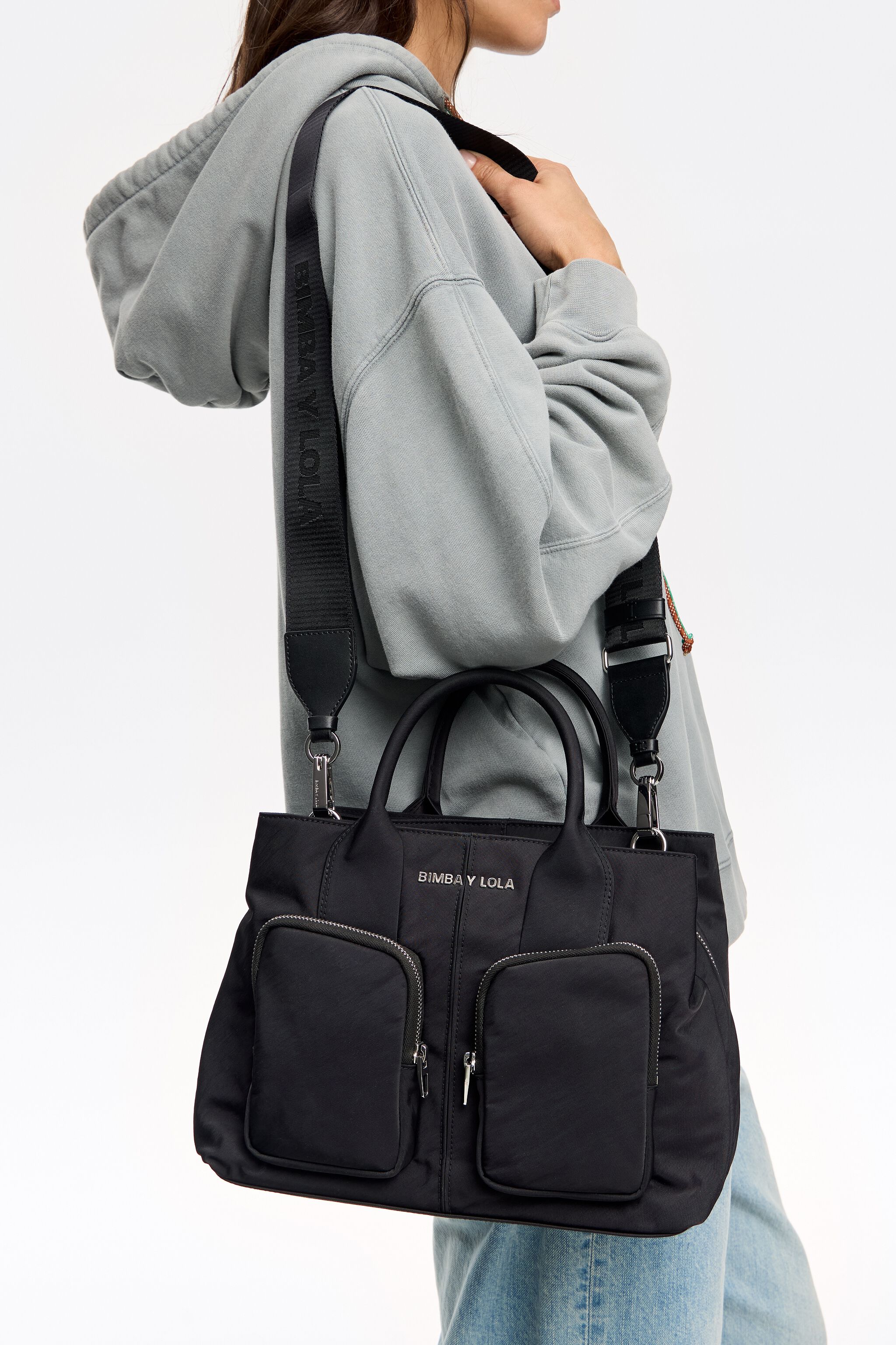 Large black nylon Pocket handbag