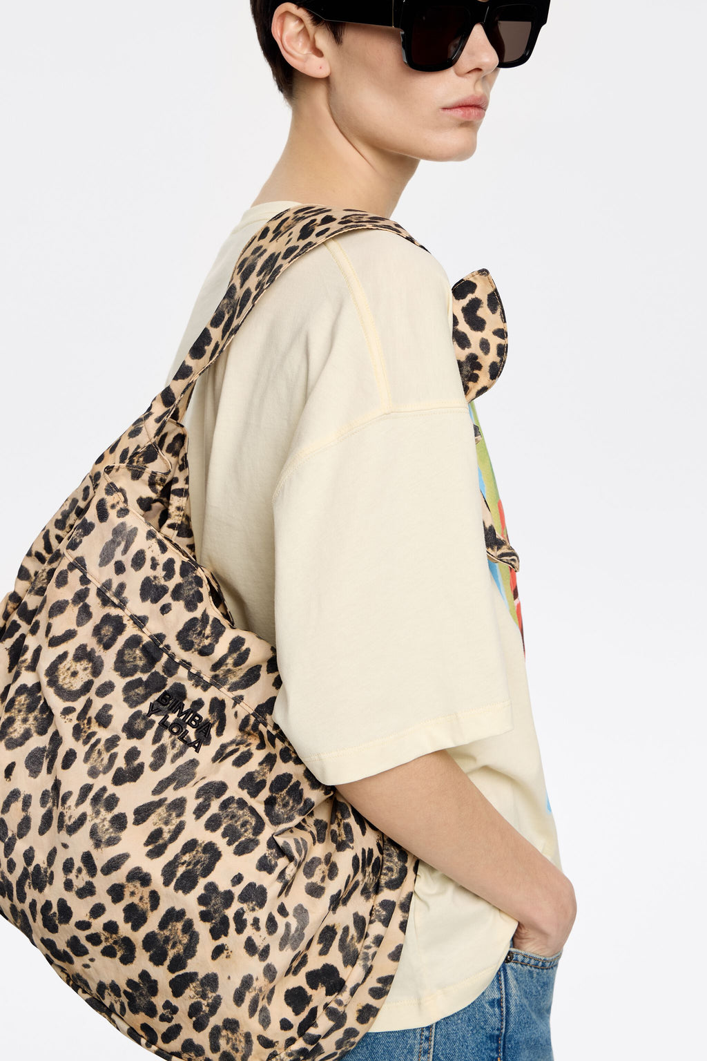 Large beige Leopard nylon shopper bag