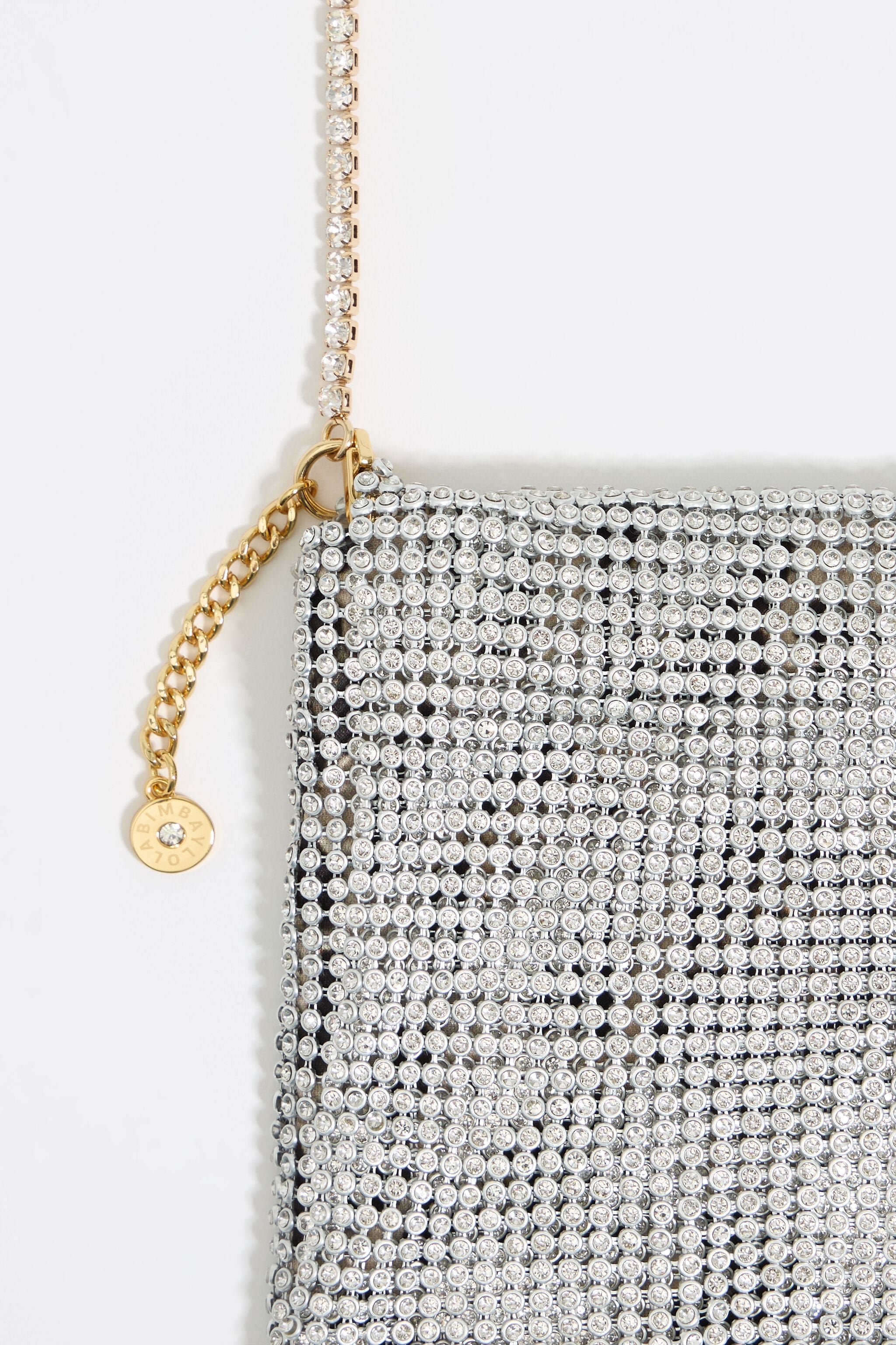 Silver metallic mesh crystals bag