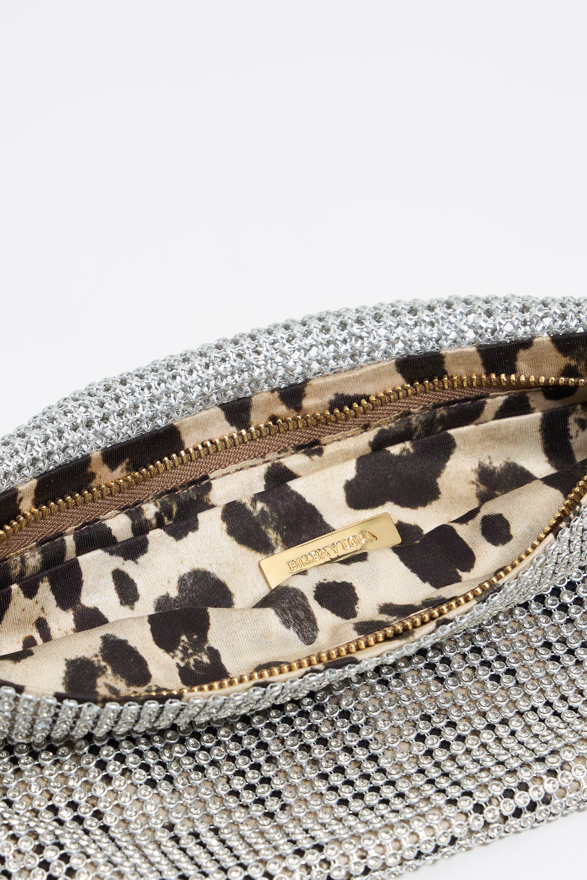 Silver metallic mesh crystals bag