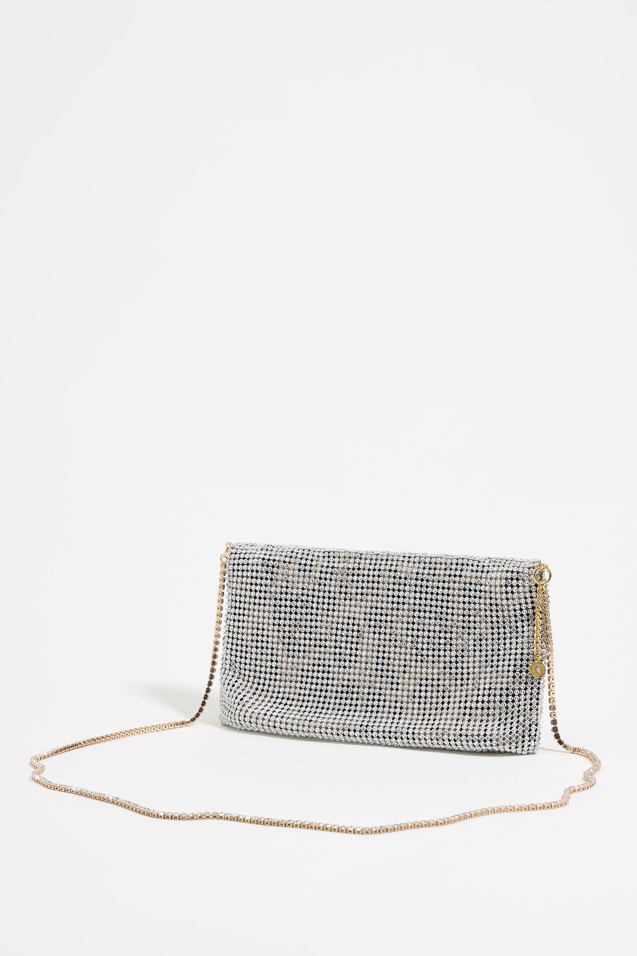 Silver metallic mesh crystals bag