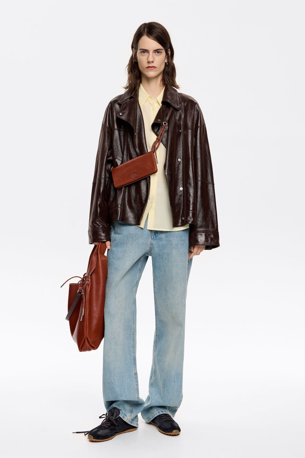 Dark brown satin finish leather jacket