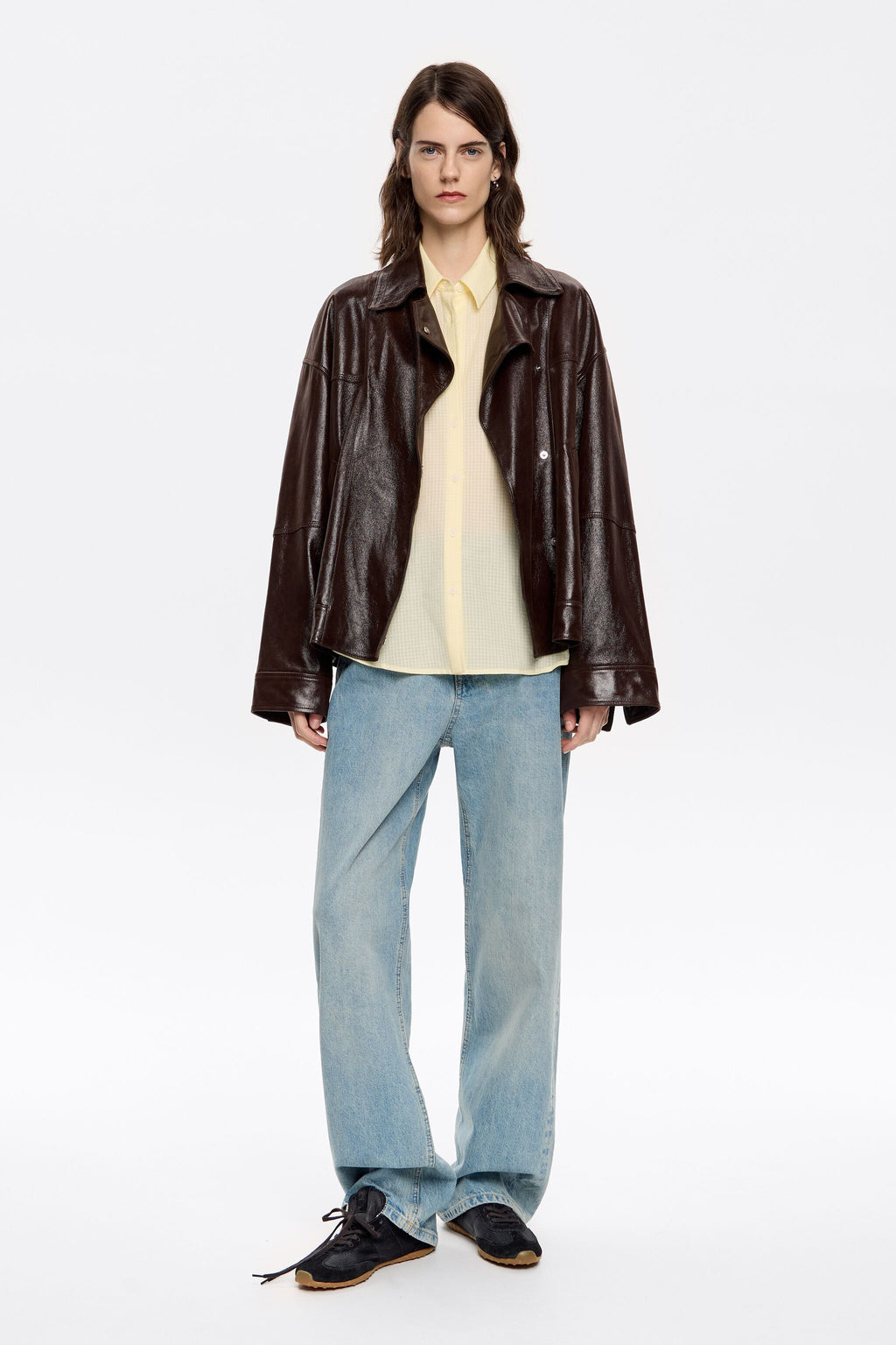 Dark brown satin finish leather jacket