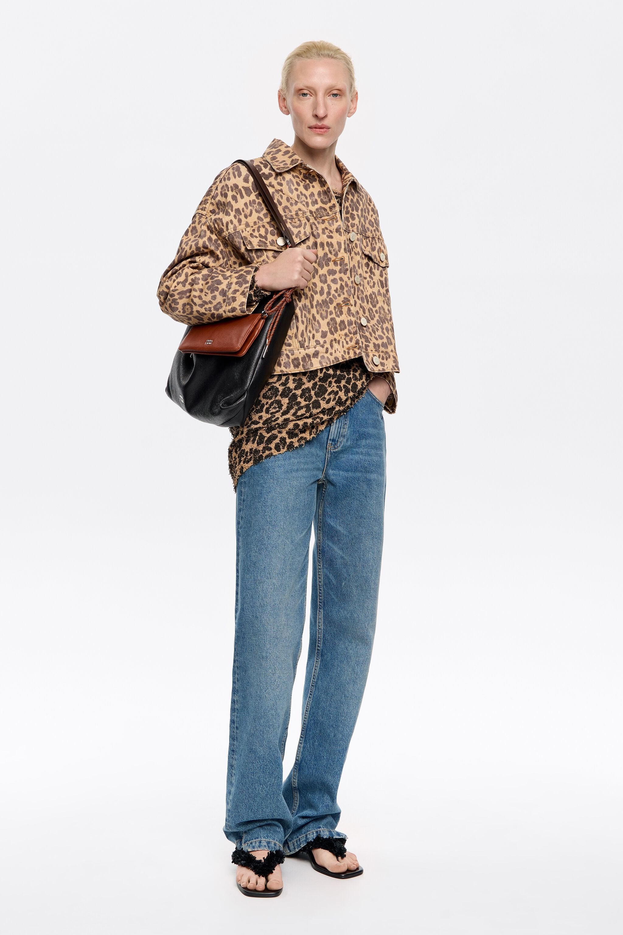 Beige Leopard oversize denim jacket