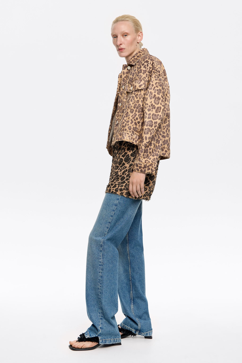 Beige Leopard oversize denim jacket
