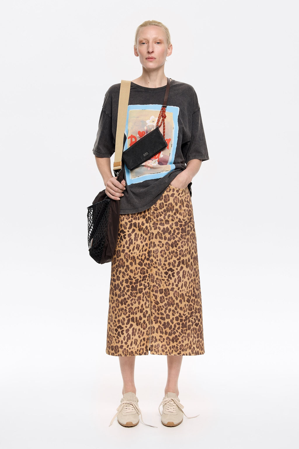 Natural Leopard A-line denim skirt