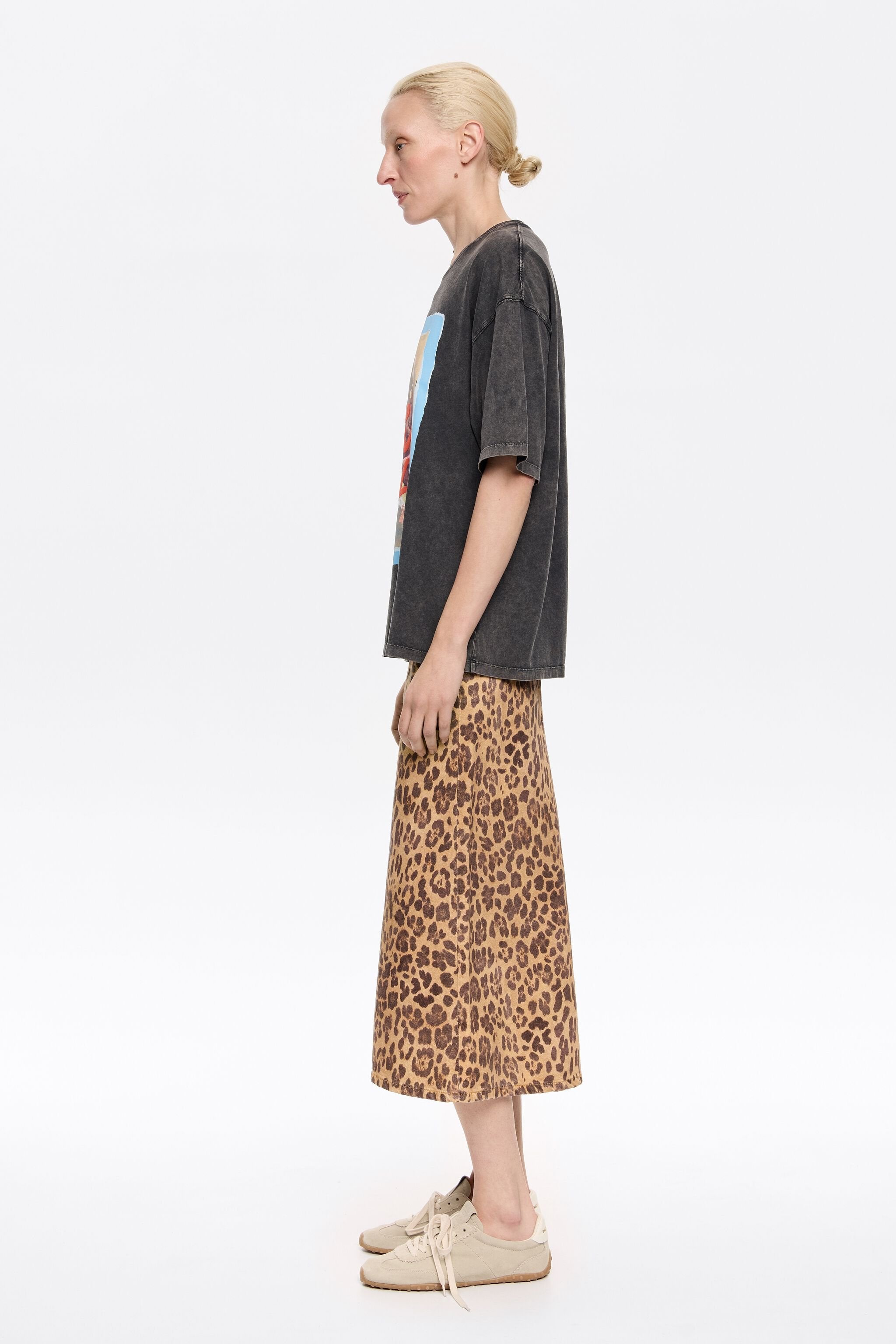 Natural Leopard A-line denim skirt