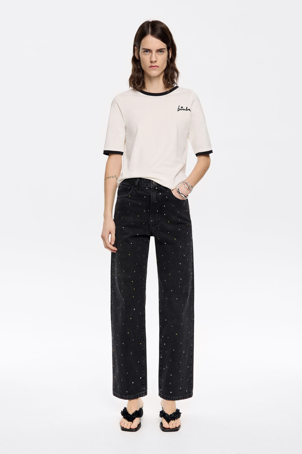 STRAIGHT CROPPED - Black stones jeans