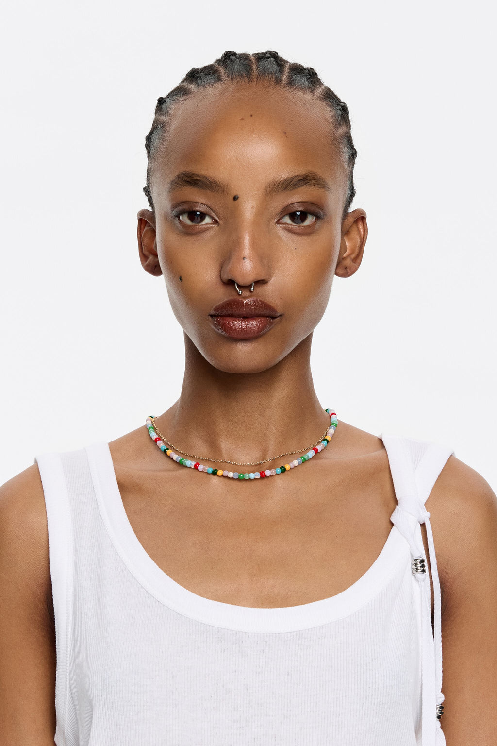 Multicolor stones double-layer chain necklace