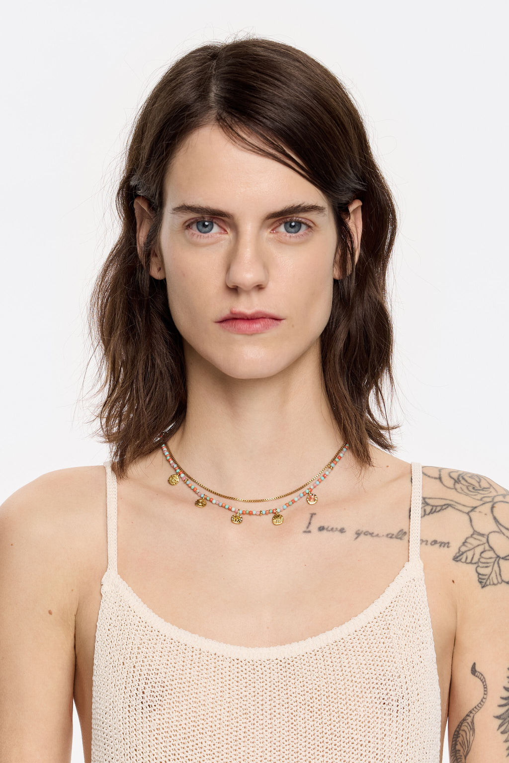 Coin logo and multicolor stones necklace