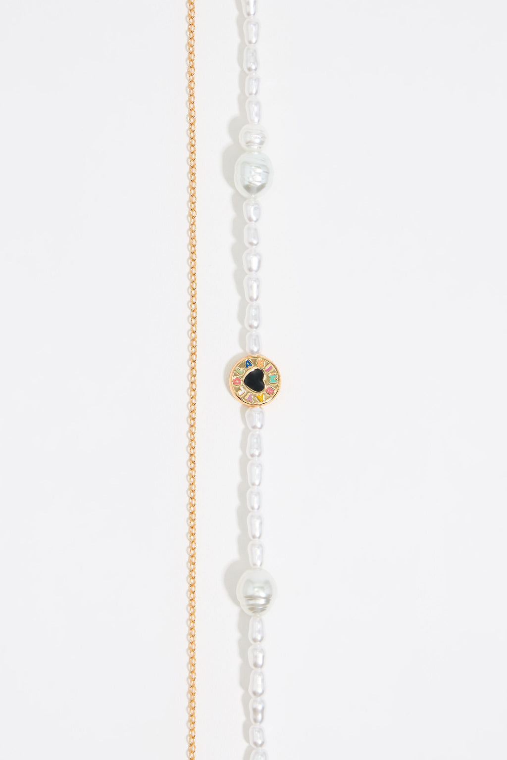 Pearl and heart logo double chain necklace