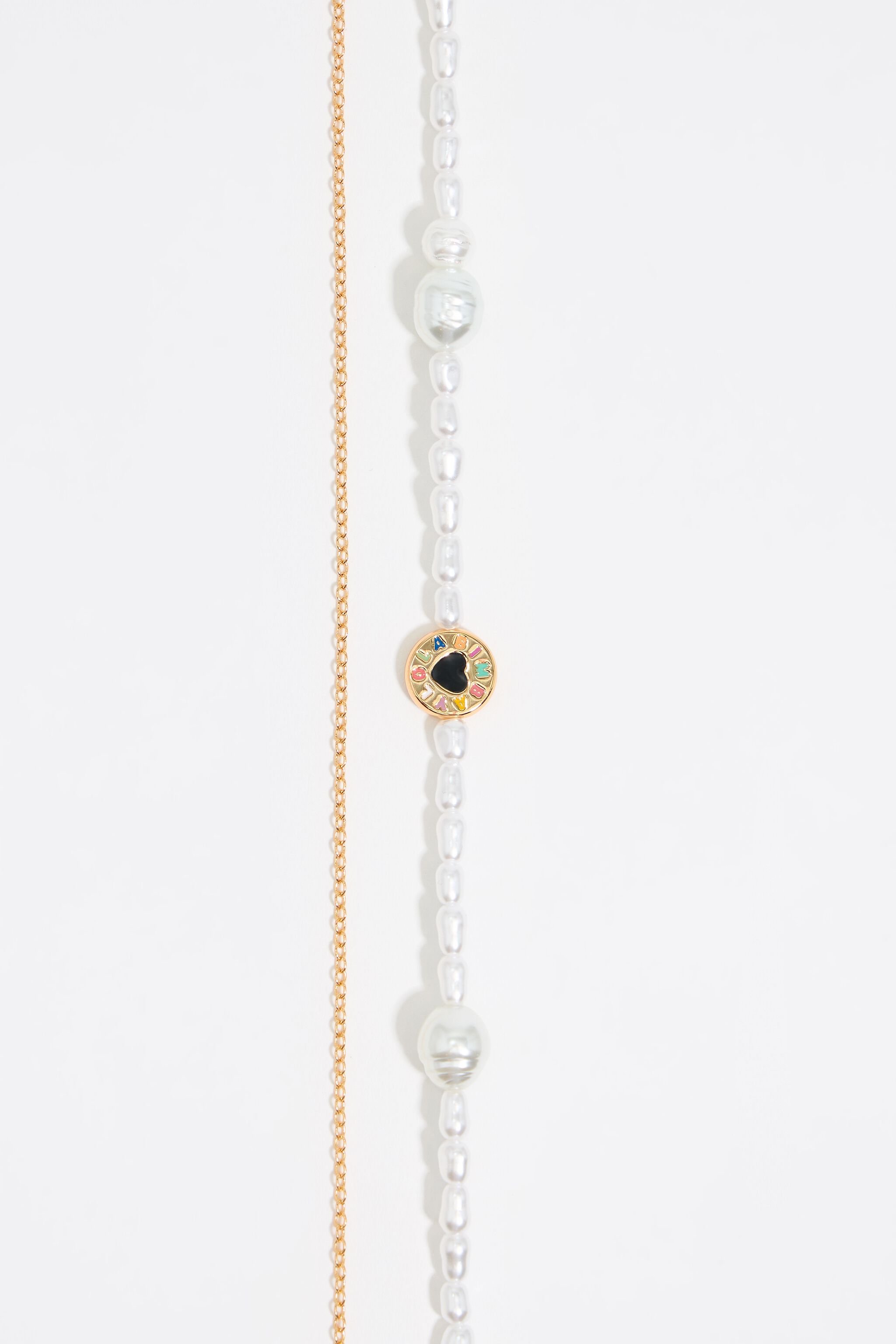 Pearl and heart logo double chain necklace