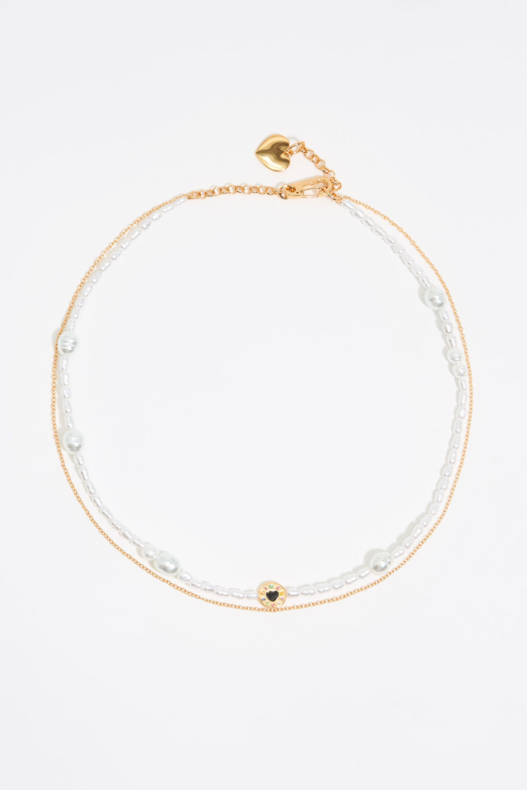 Pearl and heart logo double chain necklace