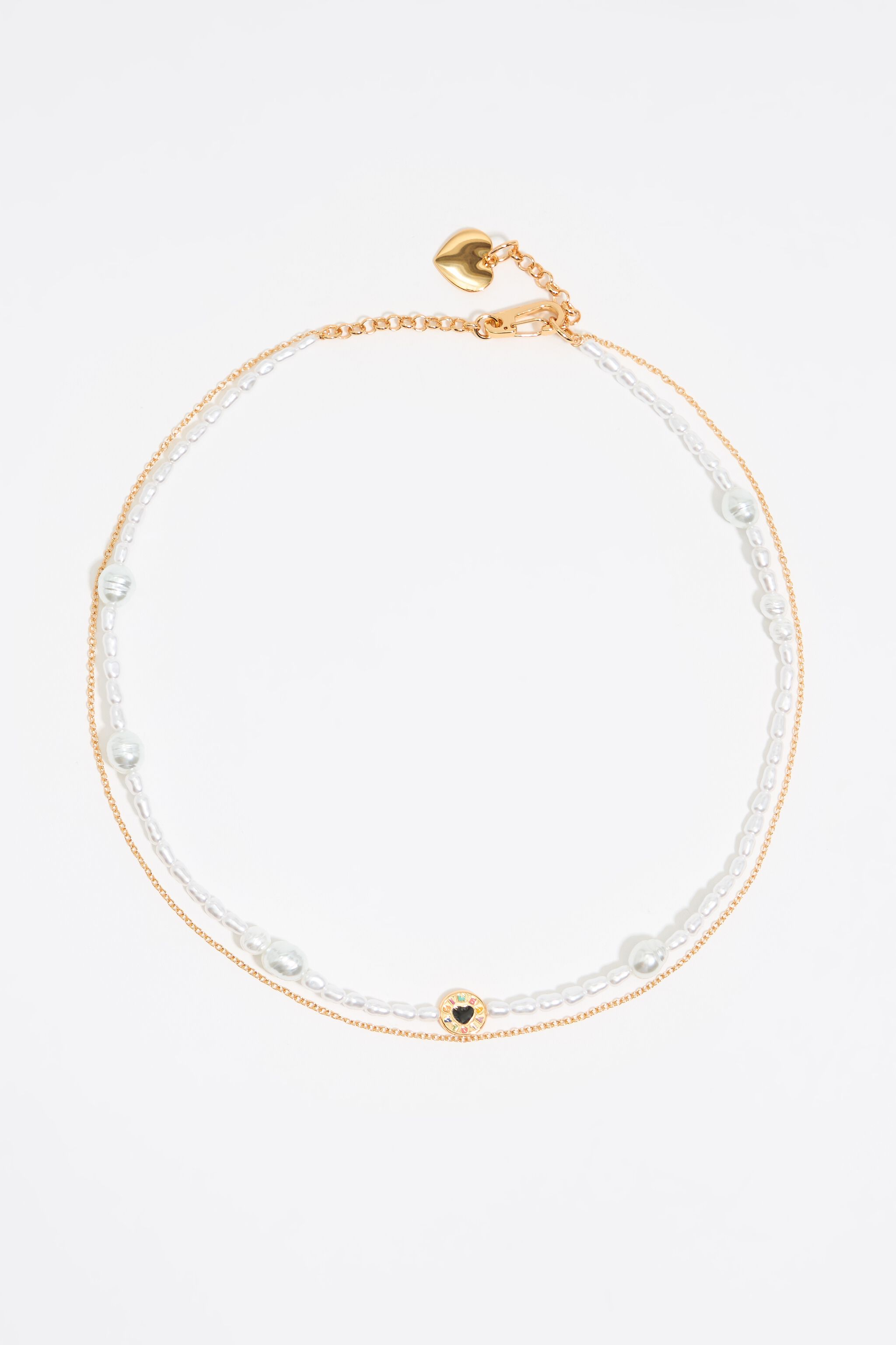 Pearl and heart logo double chain necklace