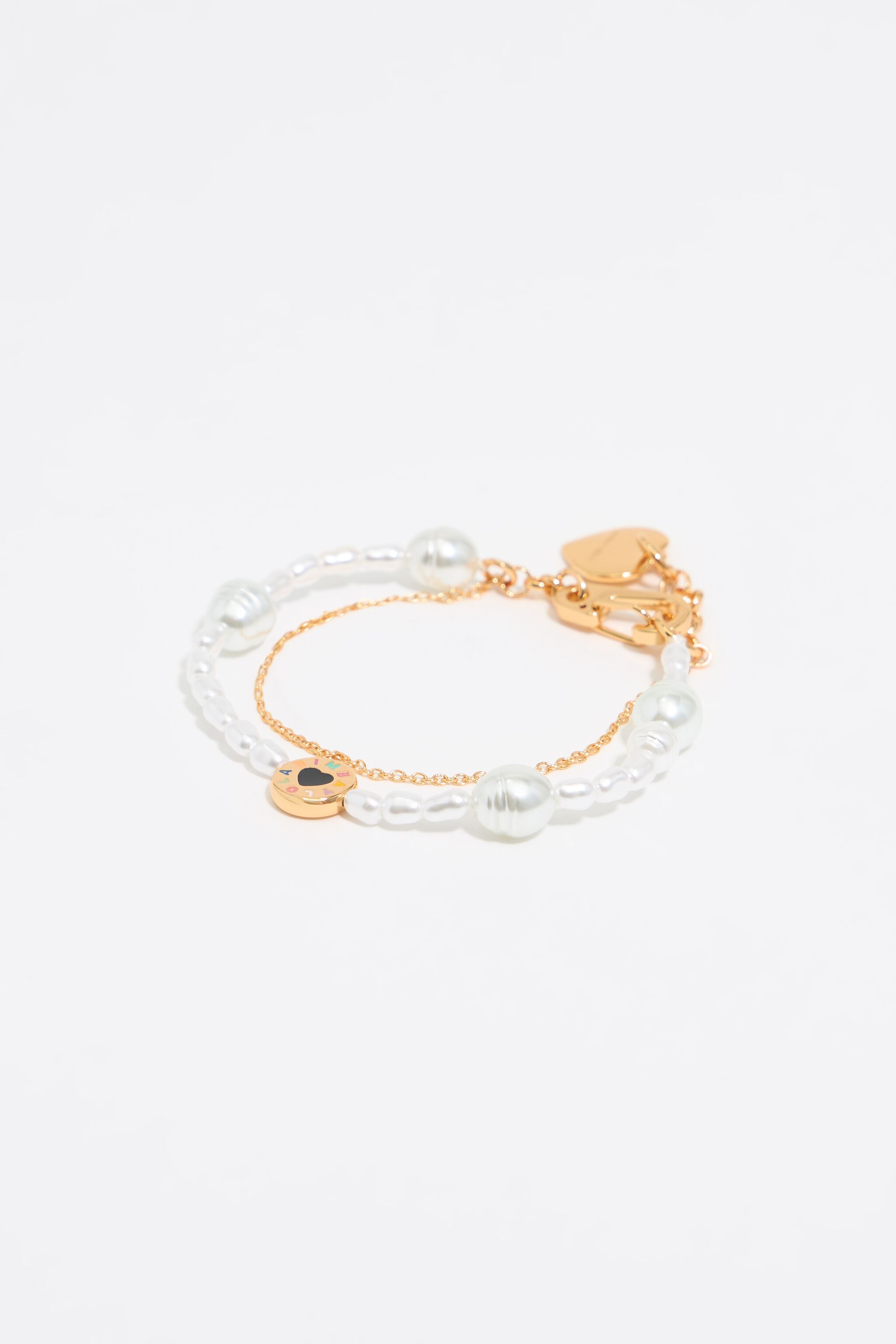 Heart logo double chain and pearl bracelet