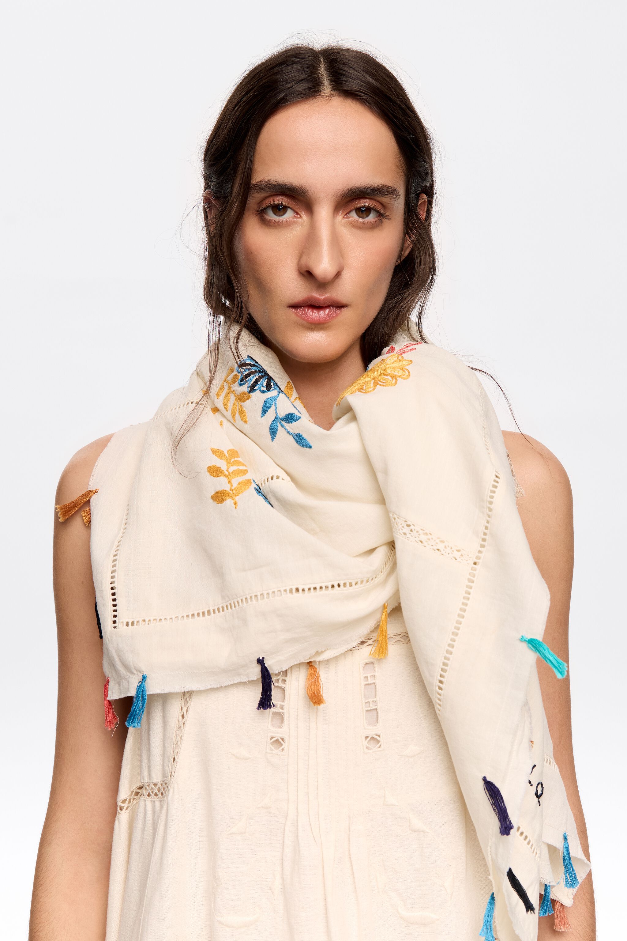 Embroidered floral patchwork cotton shawl