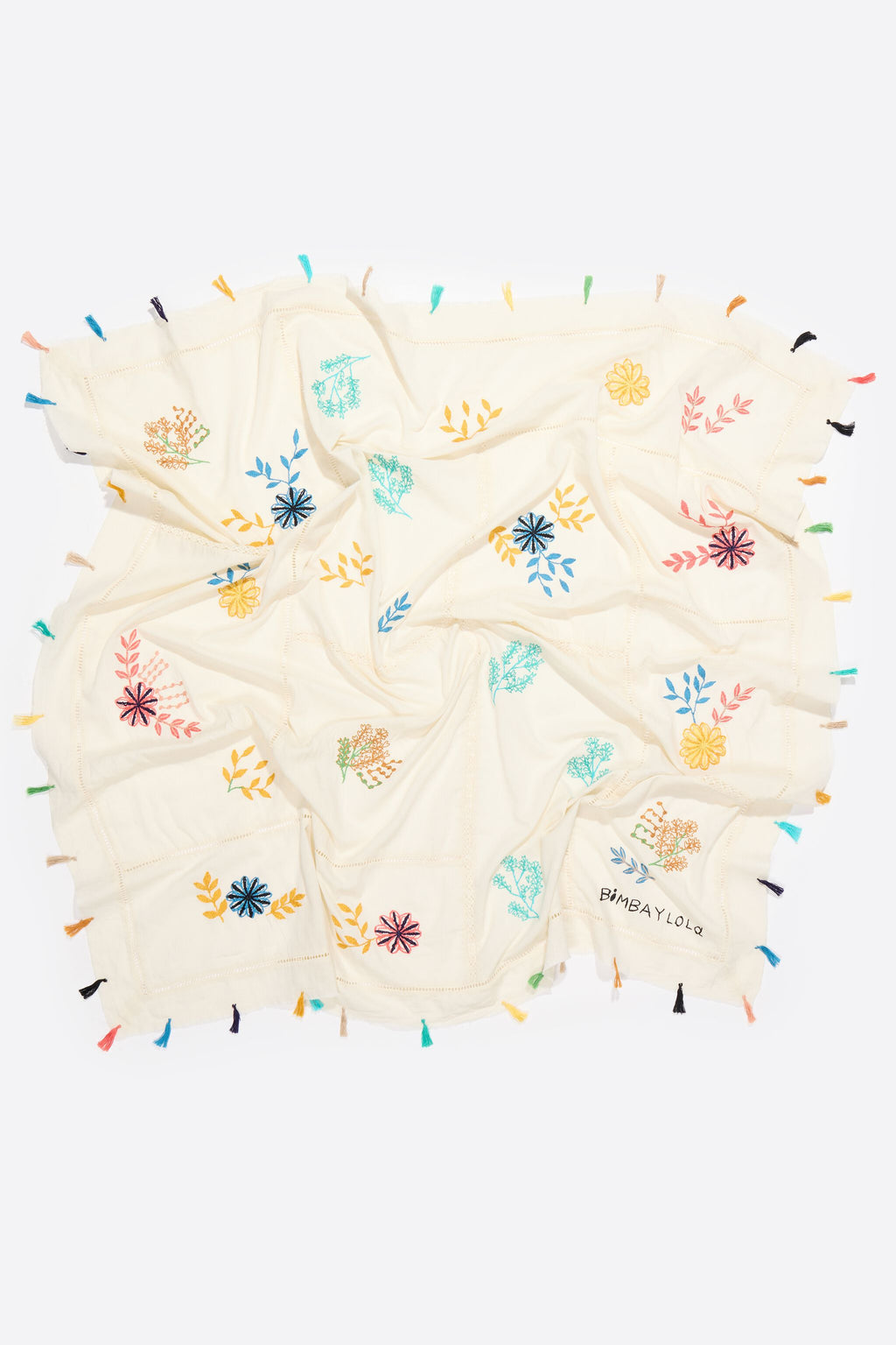 Embroidered floral patchwork cotton shawl