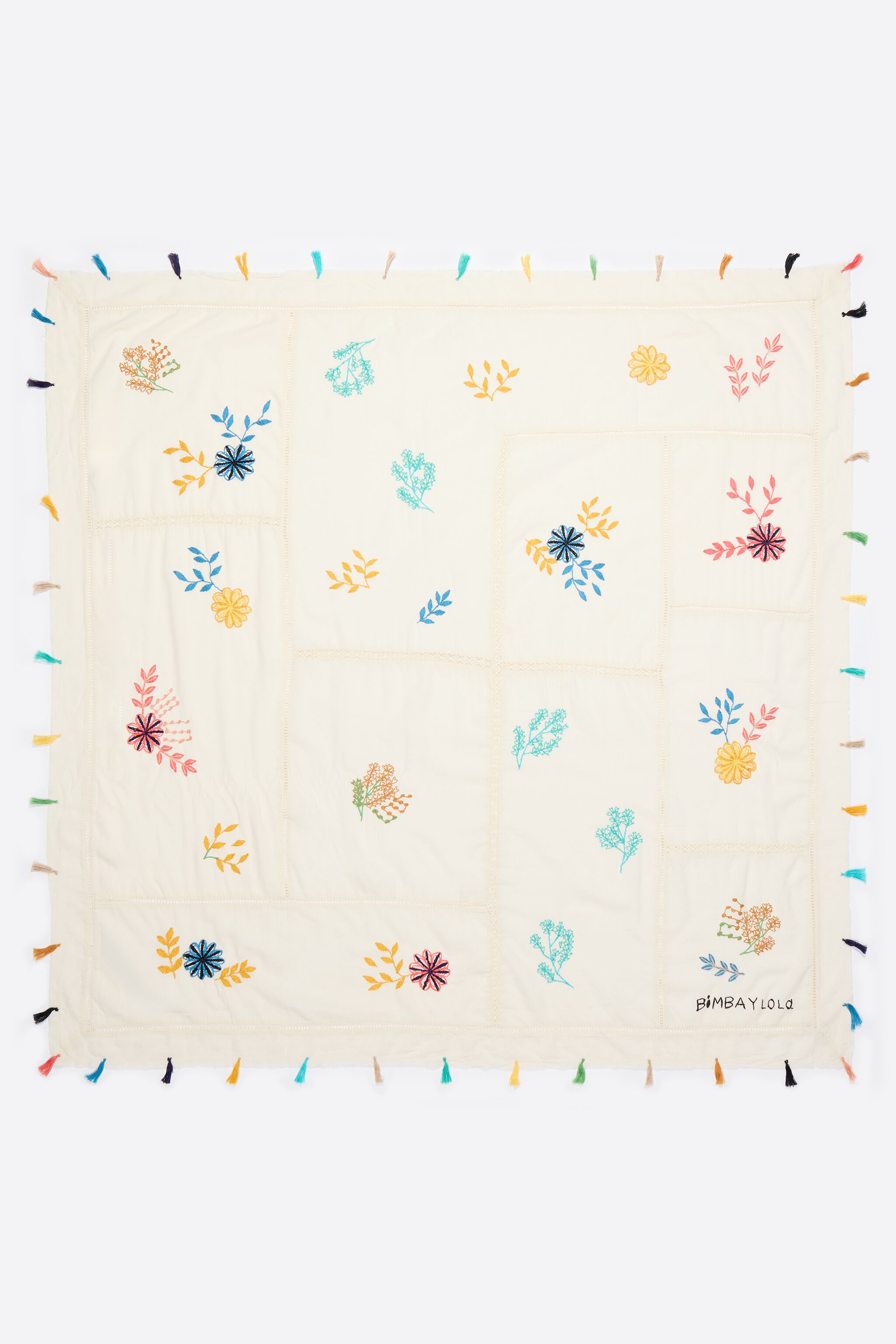 Embroidered floral patchwork cotton shawl