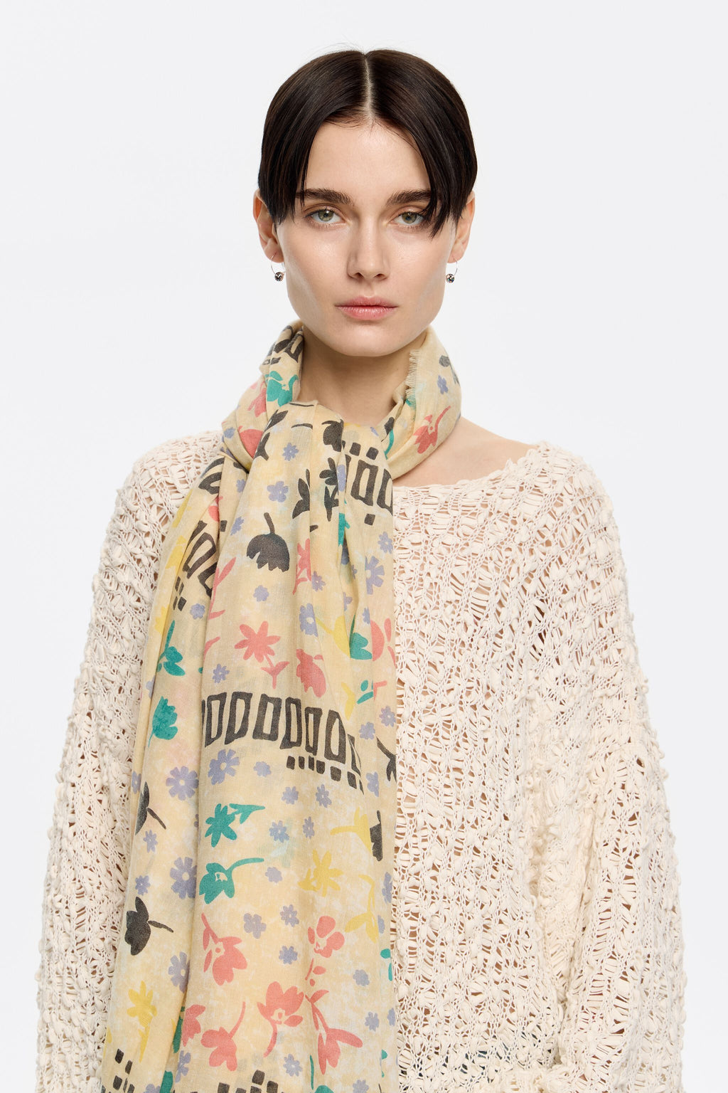 White ditsy floral and borders shawl