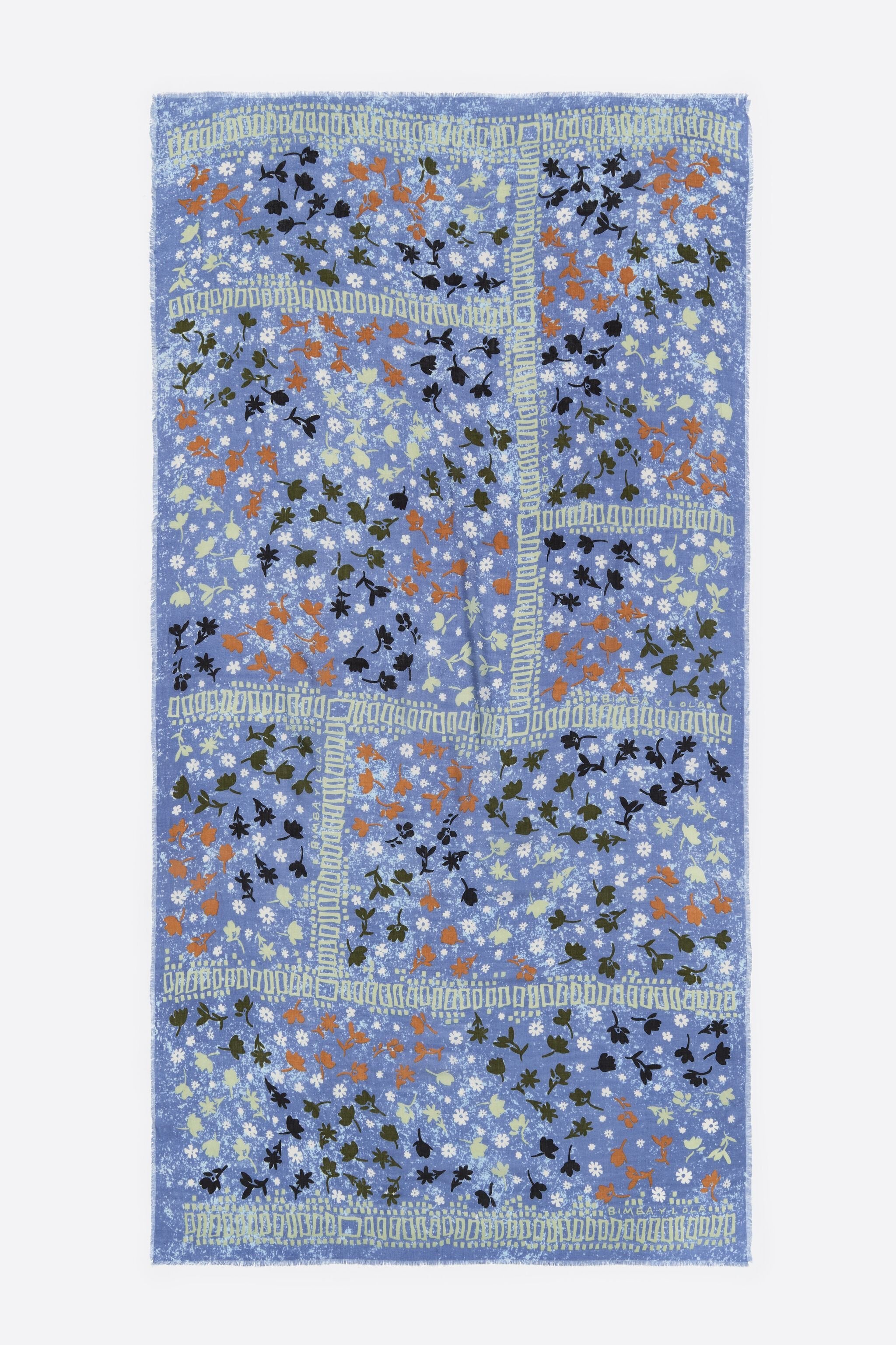 Blue ditsy floral and borders shawl