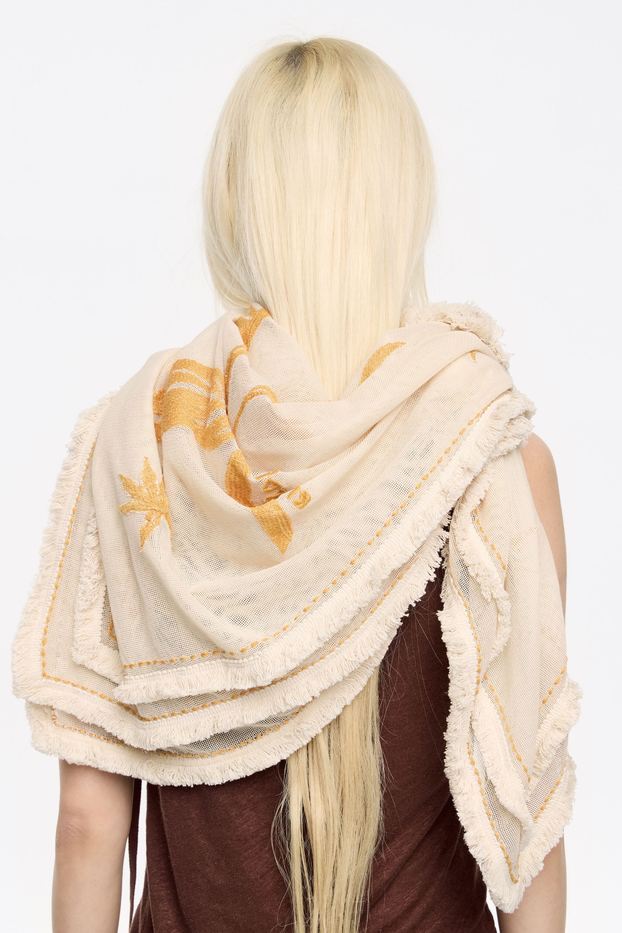 Embroidered palm tree mesh shawl