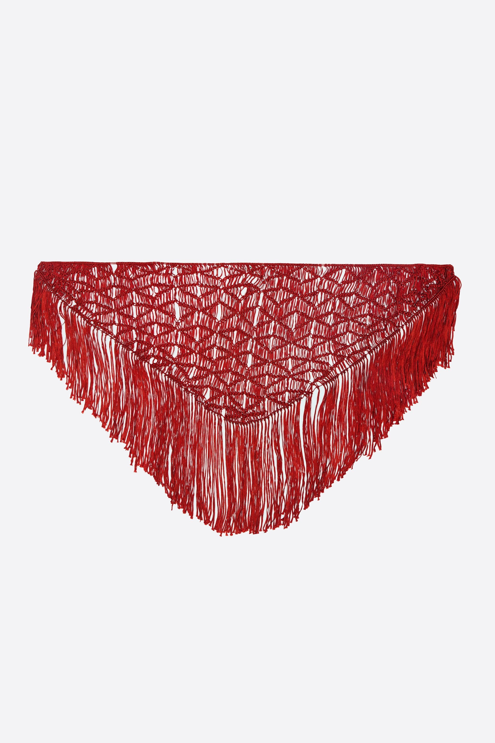 Red fringed plaited shawl