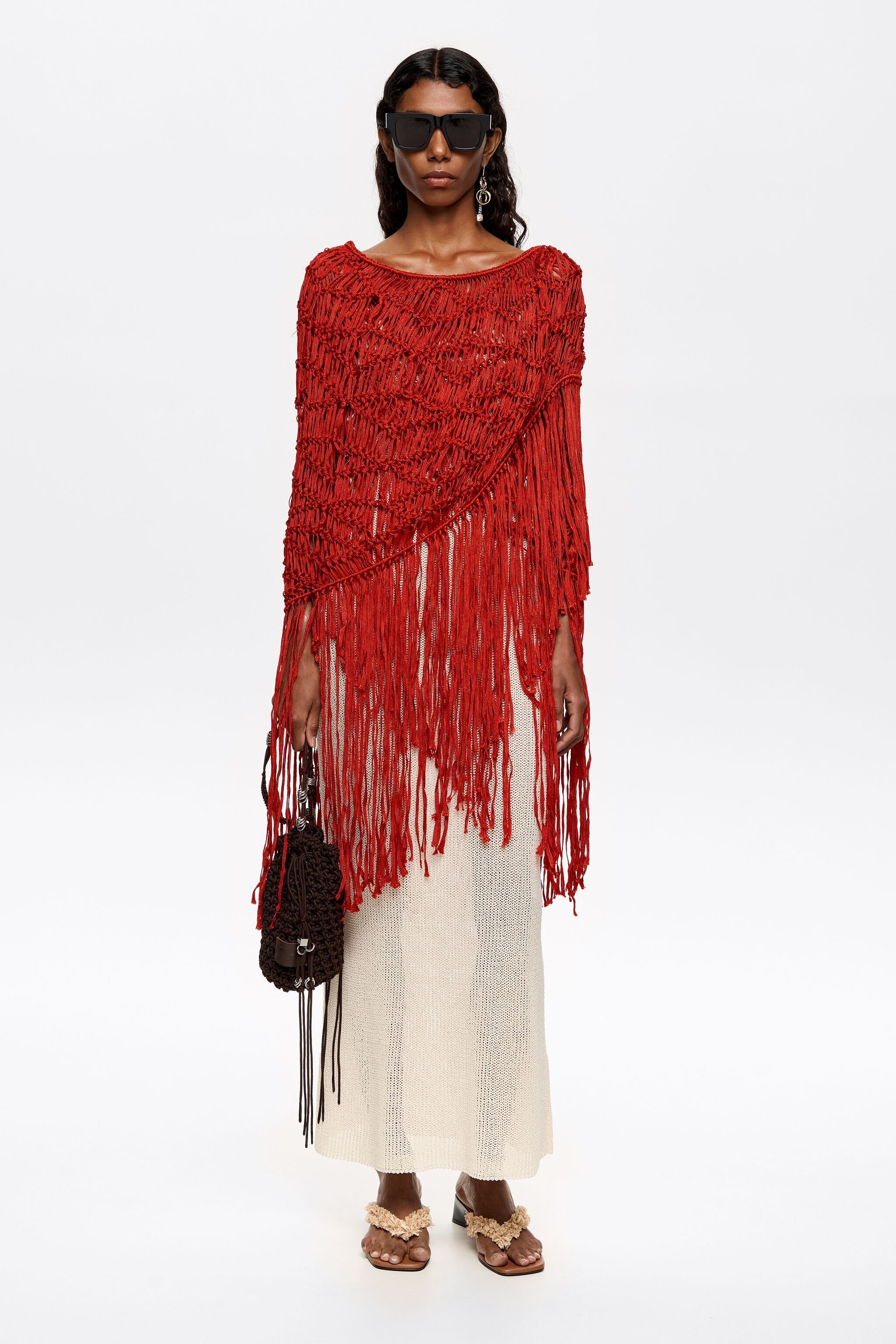 Red fringed plaited shawl