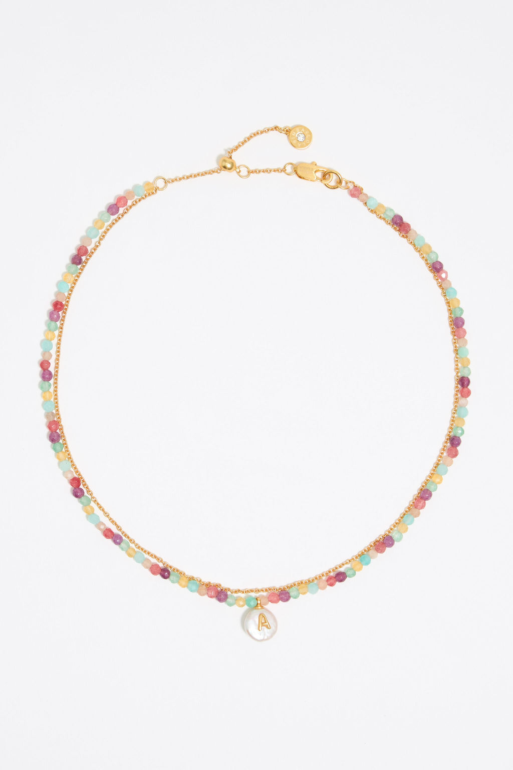 Letter A pearl and multicolor stones necklace