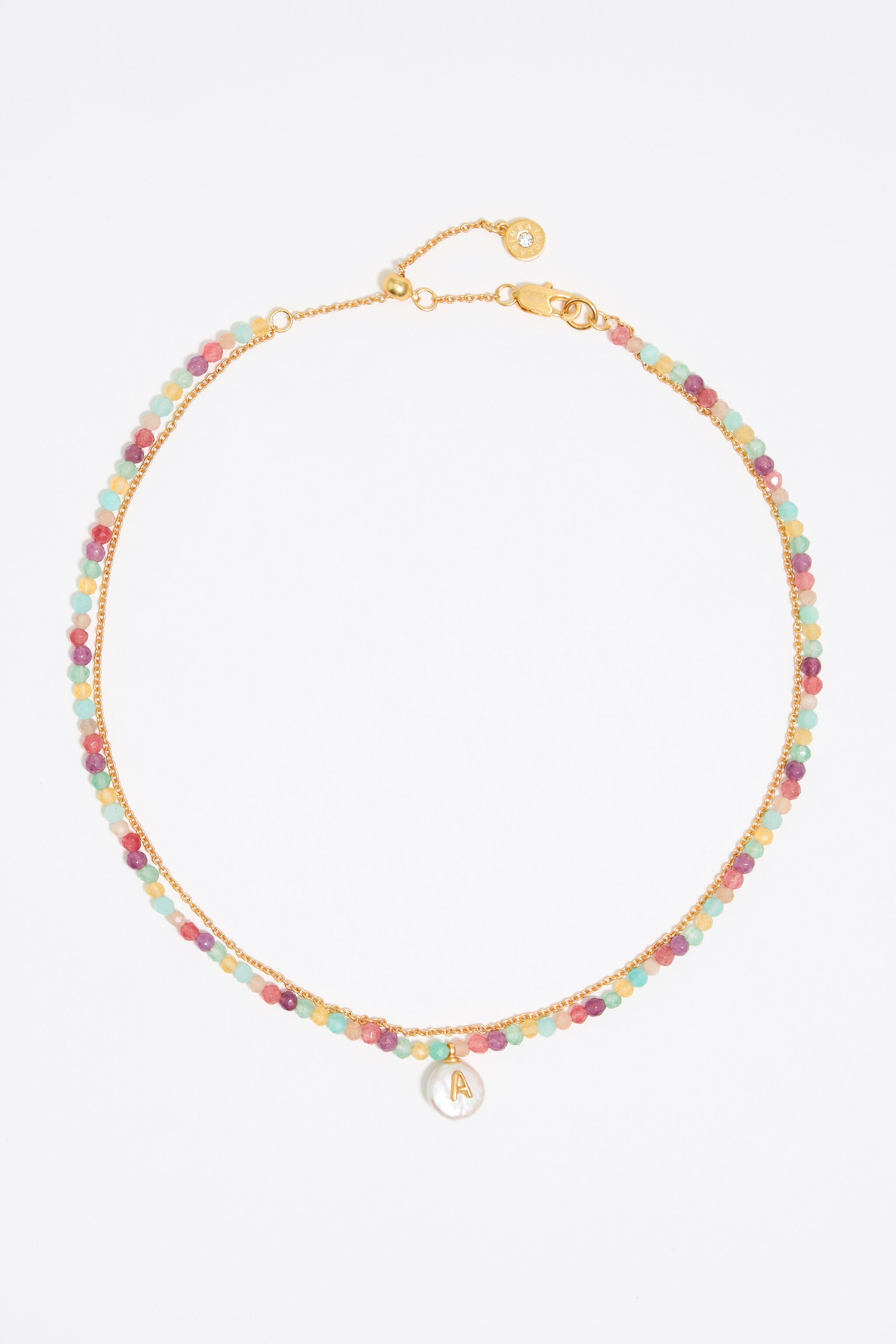 Letter A pearl and multicolor stones necklace