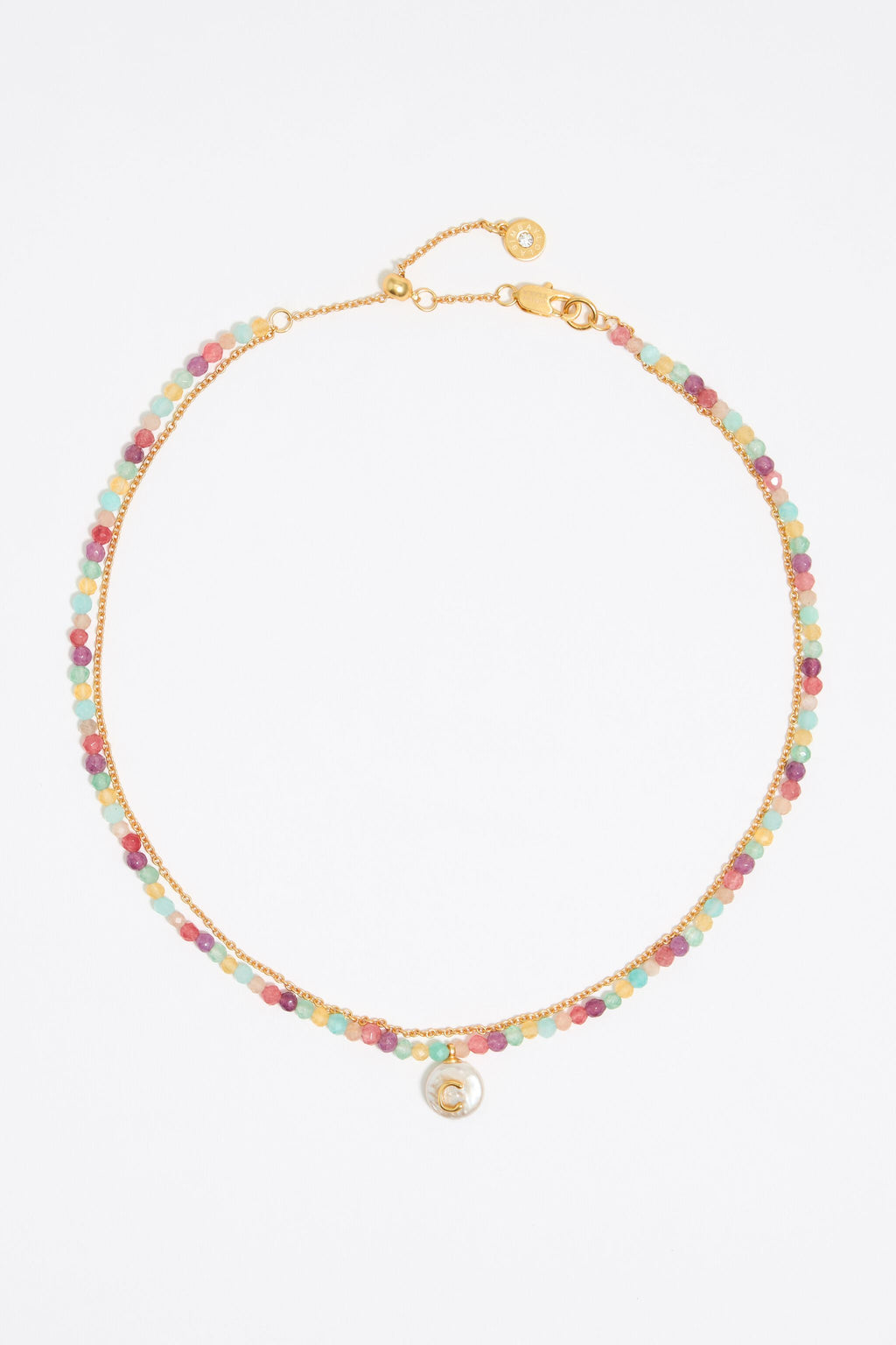 Letter C pearl and multicolor stones necklace